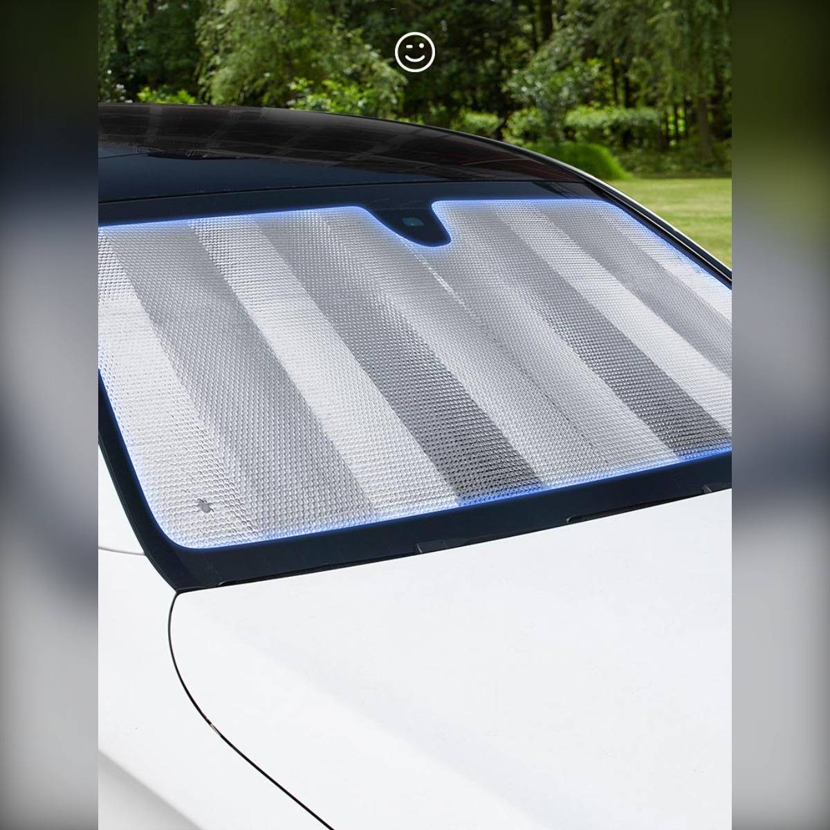 Autofenster mit reflektierendem Sonnenschutz, der das Innere blockiert, geparkt im Freien in der Nähe von Bäumen und Gras.