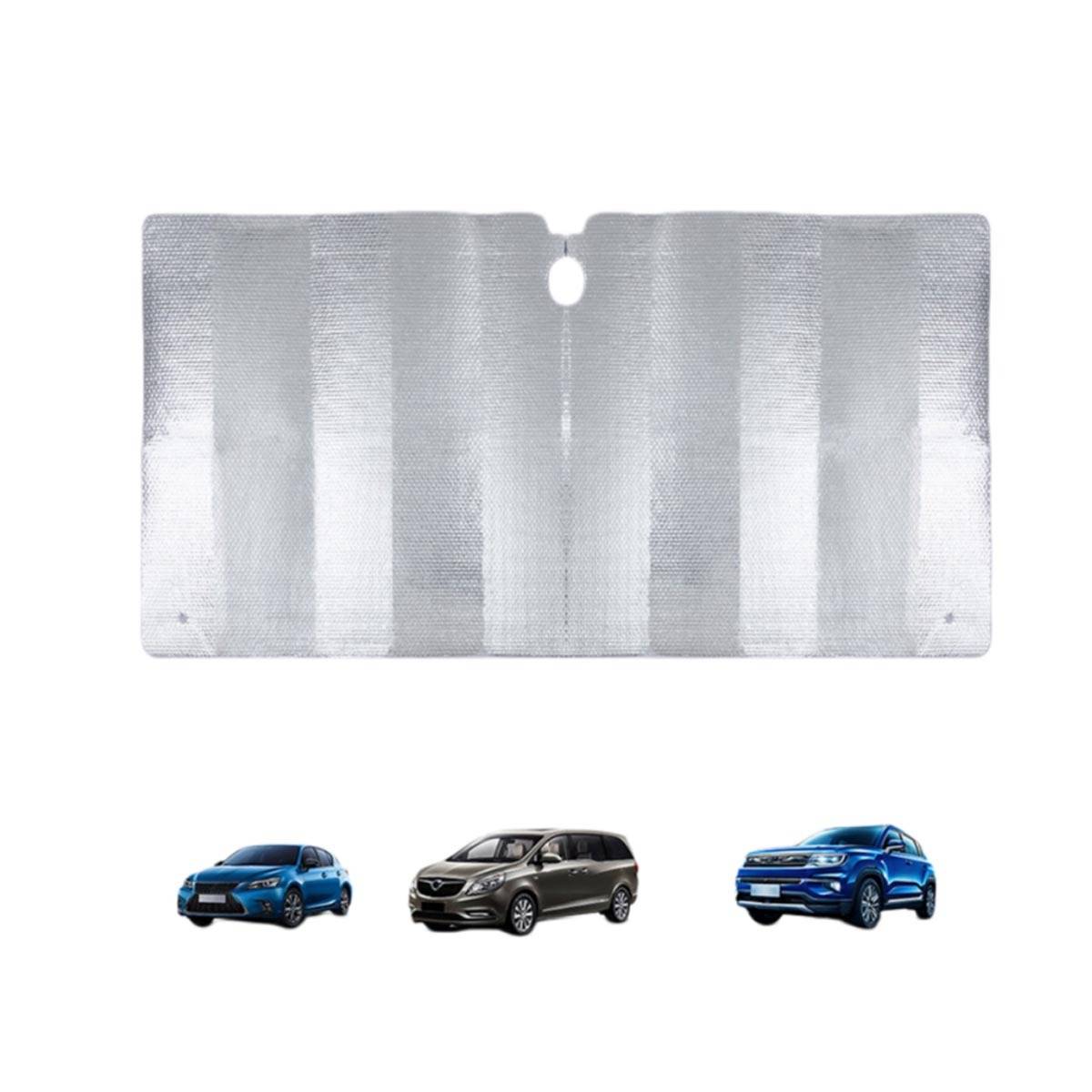 Reflektierender Silber-Sonnenblende für die Windschutzscheibe mit zentraler Aussparung, oben dargestellt über drei SUV-Bildern in Blau und Schwarz