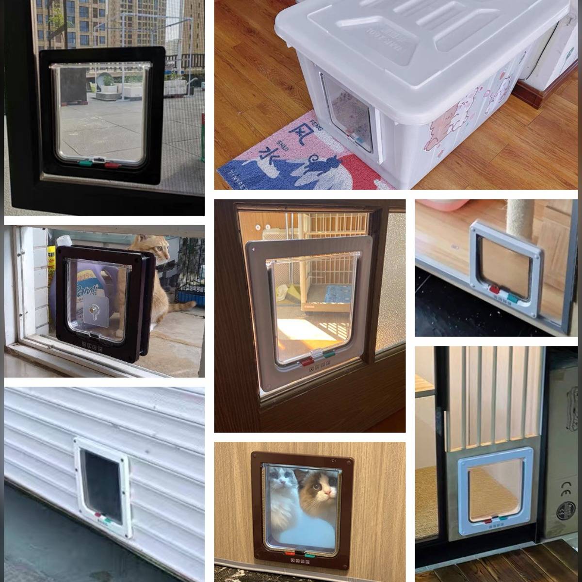 Collage von installierten Katzentüren in Fenstern, einer Wand und einer Lagerkiste, die kleine quadratische Klapptüren für Katzen oder kleine Haustiere zeigt.