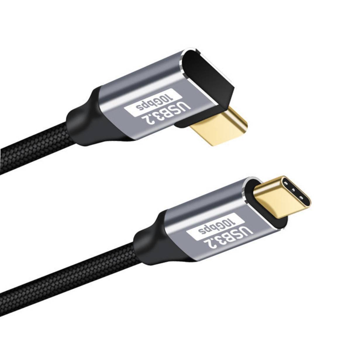 Zwei USB-3.2-Typ-C-Kabelstecker, die in Schrägansichten dargestellt sind, mit metallischen Gehäusen und geflochtenen schwarzen Kabeln.