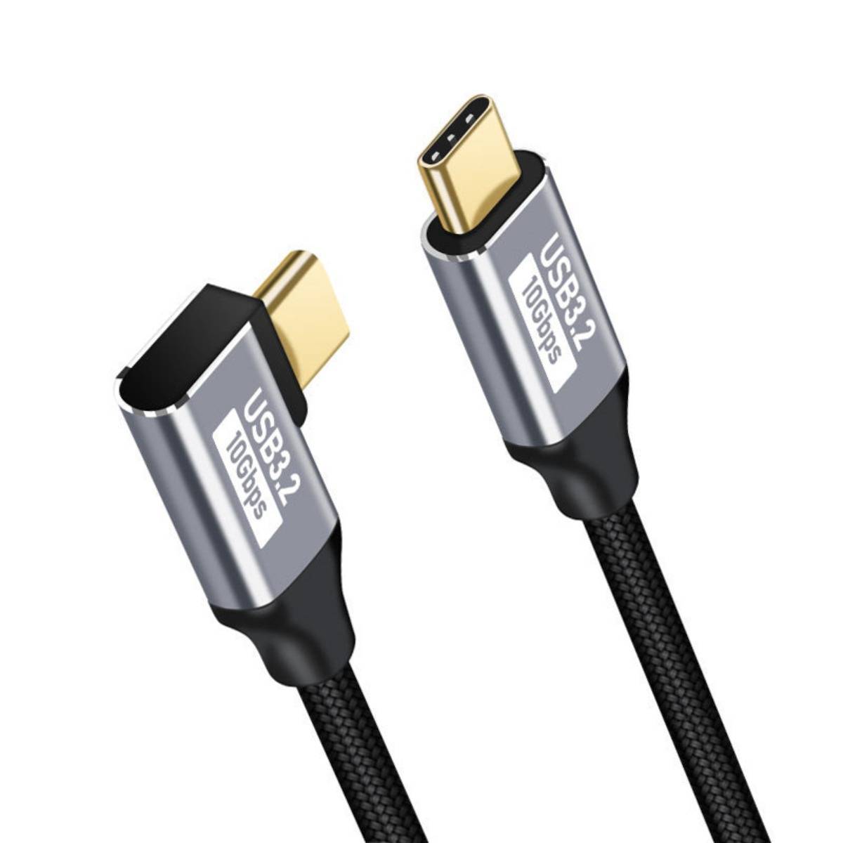 Zwei USB-C-Kabel mit geflochtenen schwarzen Kabeln und silbernen Steckern mit der Bezeichnung „USB 3.2 10Gbps" auf weißem Hintergrund.