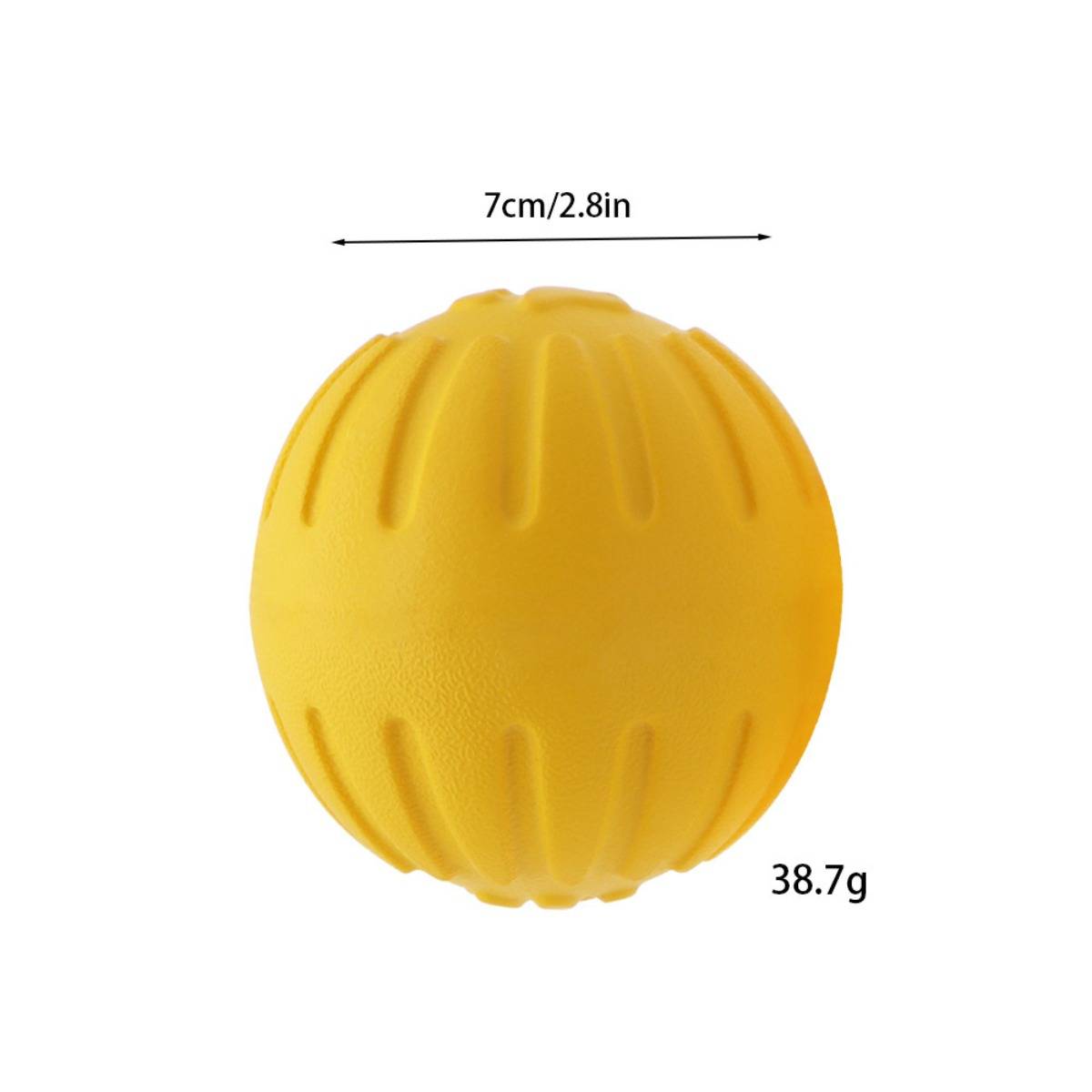 Gelber strukturierter Ball auf Produktbild mit Beschriftung 7 cm/2,8 Zoll breit und 38,7 g.