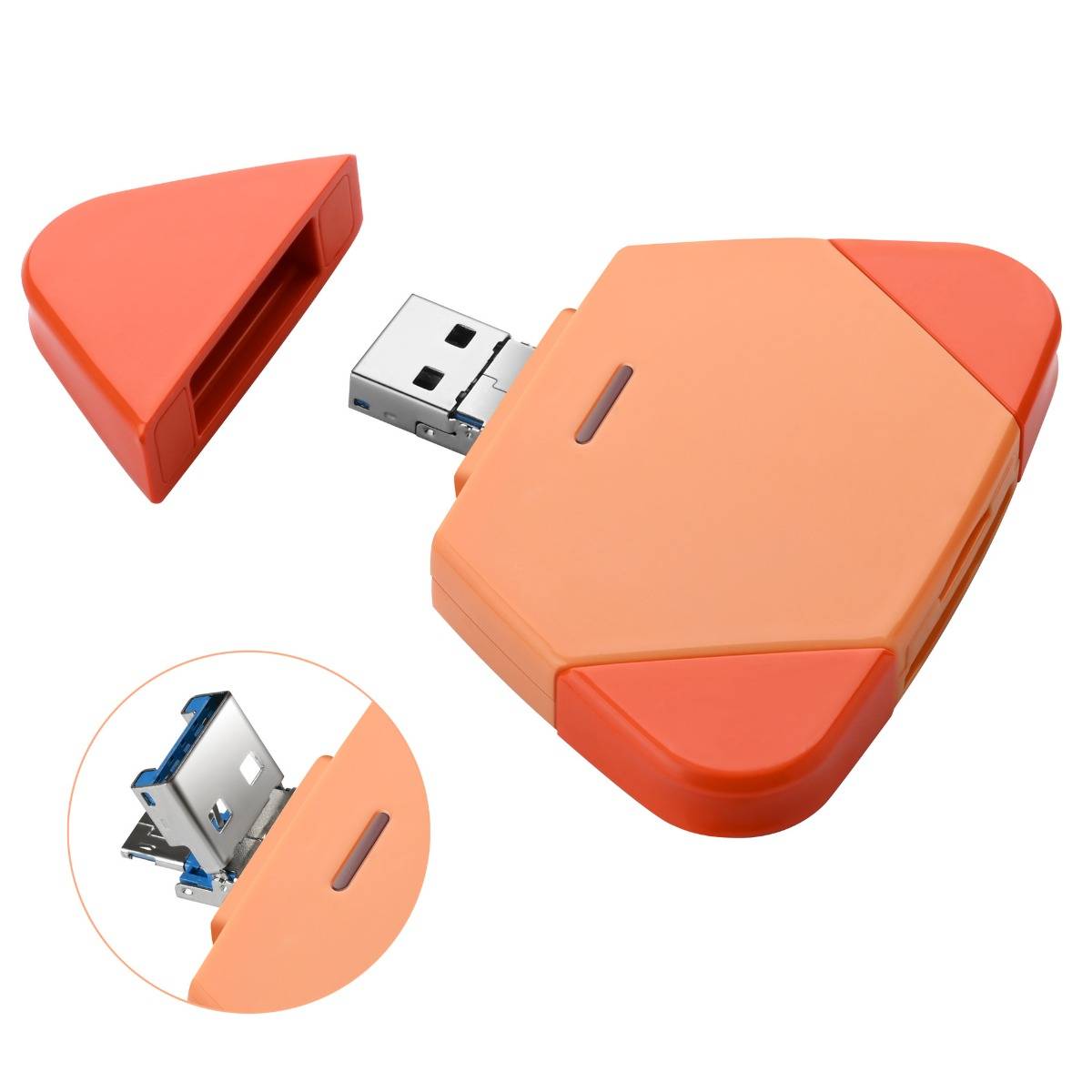 Orange USB-Blitzlaufwerk mit einziehbarem Mechanismus, Kappe entfernt, sowie eingefügtes Nahaufnahmebild, das den Stecker zeigt, der sich vom Gehäuse erstreckt.