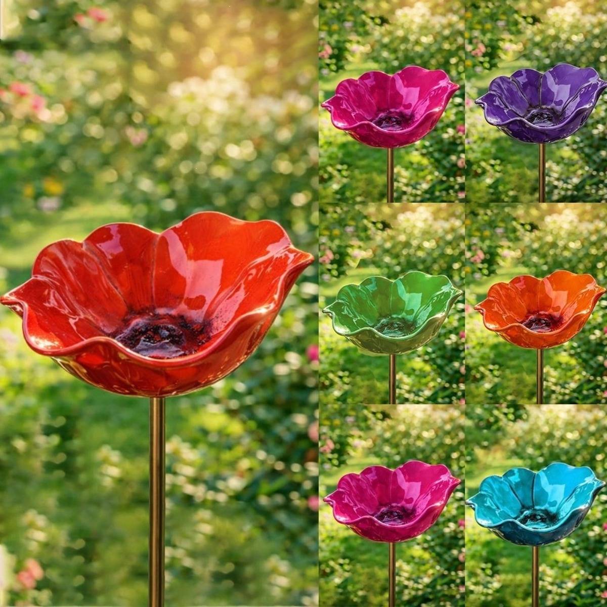 Collage dekorativer Glastränken auf Metallständern in Rot, Pink, Lila, Grün, Orange und Blau vor einem unscharfen Gartenhintergrund.