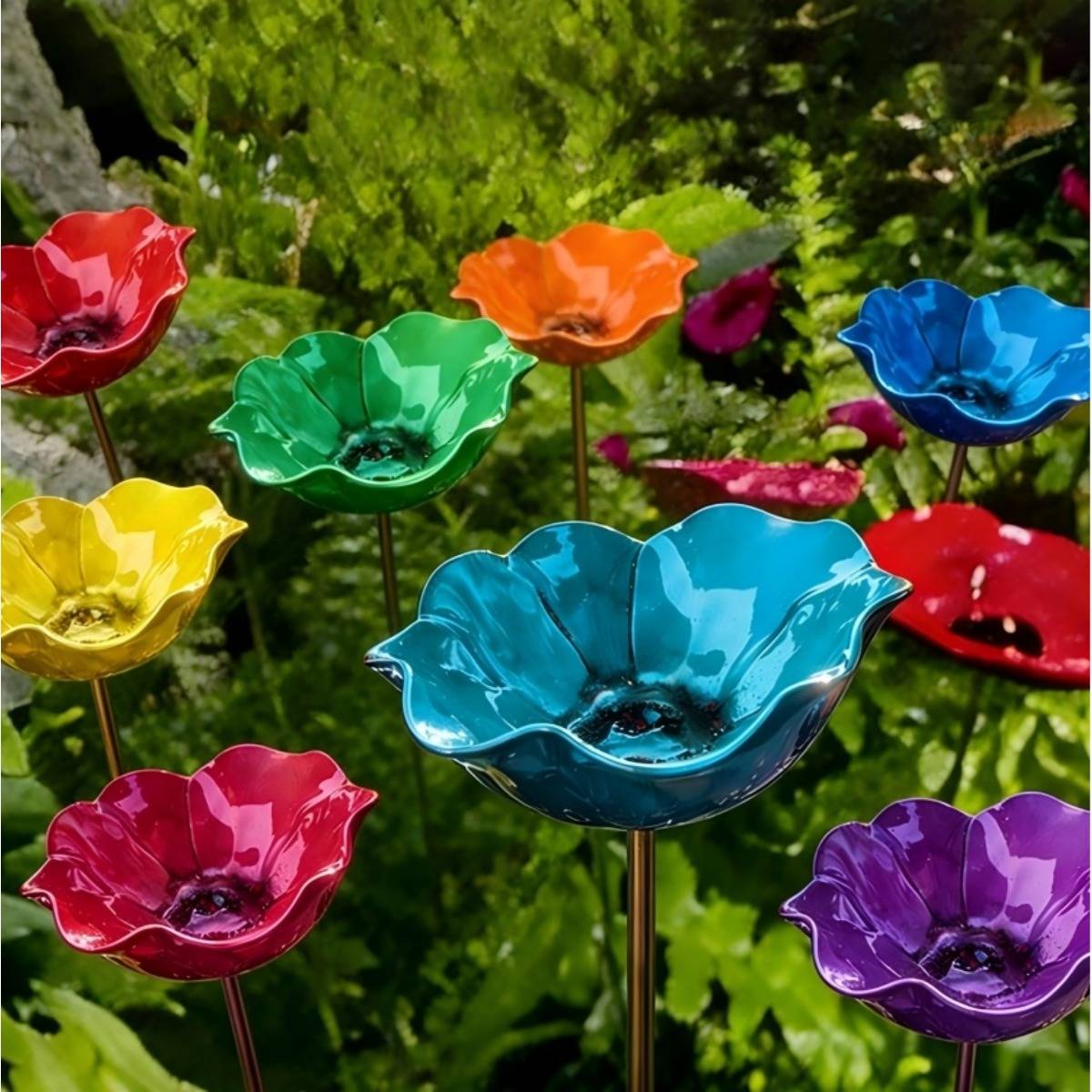 Farbenfrohe Metallblumenskulpturen auf Stielen, wie ein Garten zwischen grünem Laub angeordnet, mit leuchtend blauen, violetten, roten, gelben, grünen und orangefarbenen Blüten.