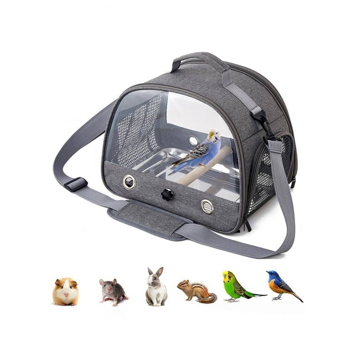 Grauer Haustier-Rucksack mit transparentem Vorderfenster und Mesh-Seitenflächen, dargestellt mit Beispielen von kleinen Haustieren und Vögeln darunter.