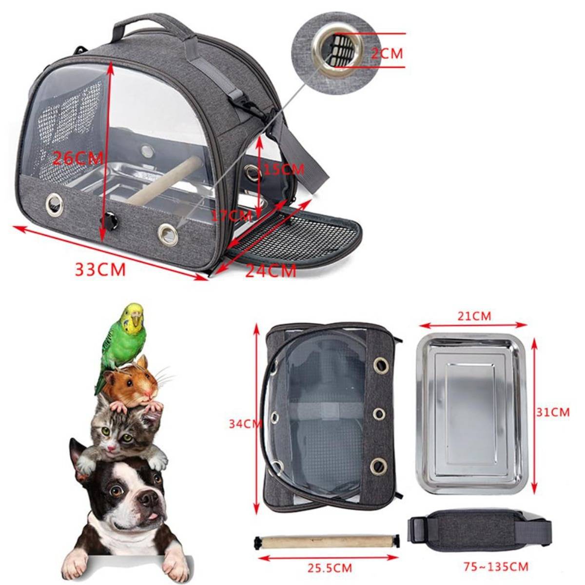 Faltbarer Haustier-Rucksack-Transportbehälter mit Netzfenstern und beschrifteten Abmessungen für die Größe, plus ein Foto, das einen Hund, eine Katze, einen Hamster und einen Vogel im Inneren zeigt.