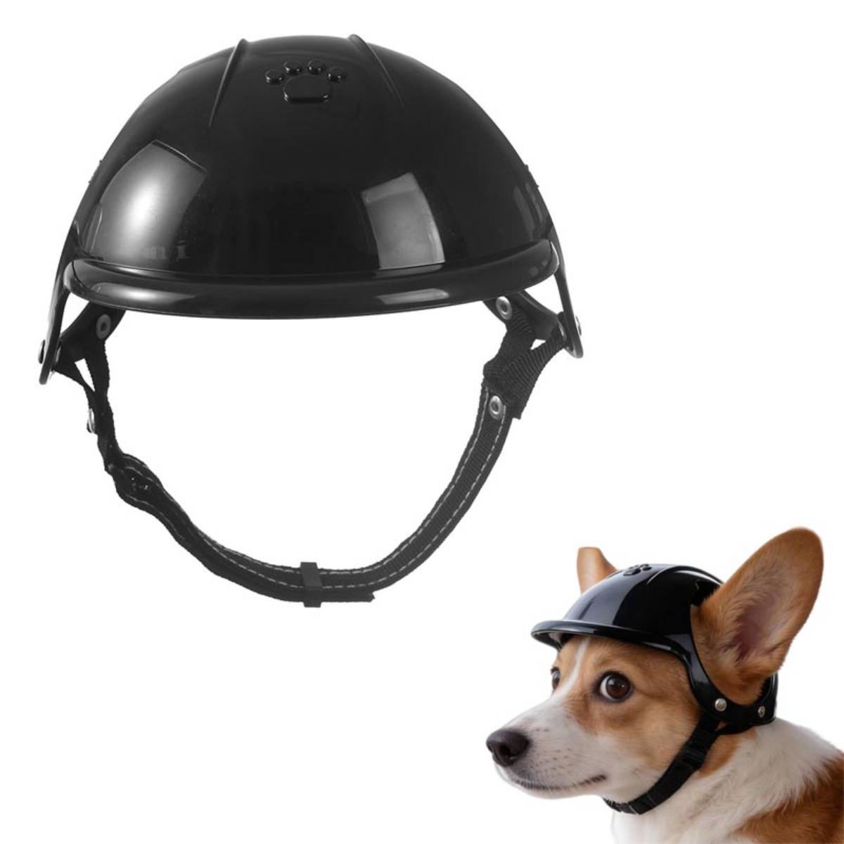 Schwarzer Sicherheitshelm mit Kinnriemen, der oben über einem Corgi mit passendem kleinem Helm abgebildet ist, was Schutzausrüstung für einen Hund zeigt.