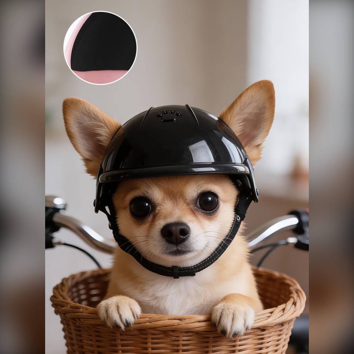 Kleiner beiger Chihuahua mit schwarzem Helm sitzt in einem Weidenkorb, mit einer Nahaufnahme des Helmdetails in einem Inset.