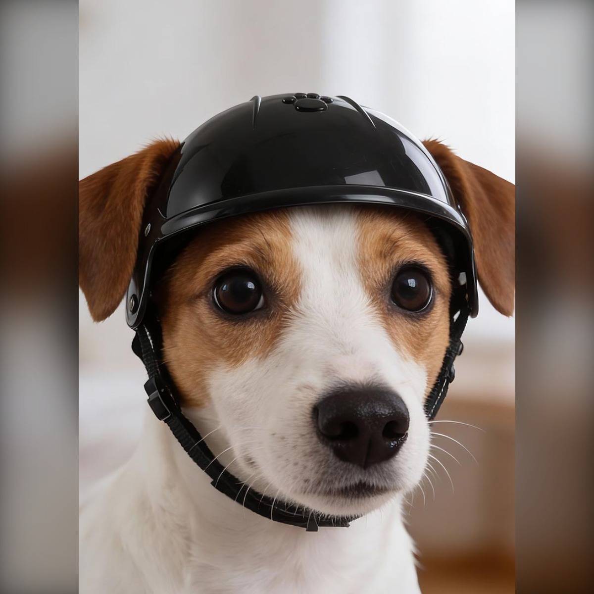 Kleiner Hund mit schwarzem Schutzhelm, der die Kamera anschaut, Innenraum.