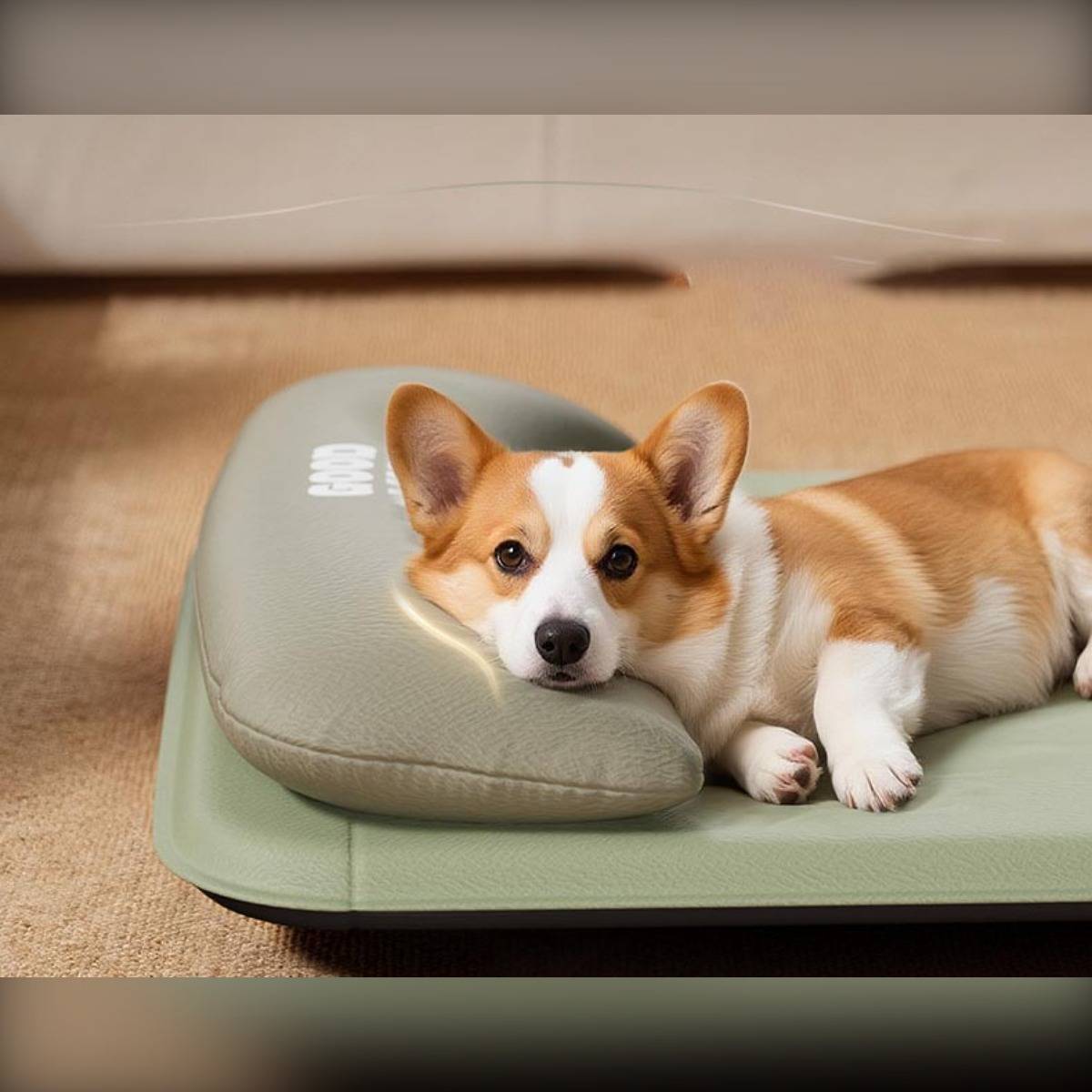 Ein Corgi ruht sich auf einem gepolsterten grünen Haustierbett im Innenbereich aus, schaut zur Kamera und hat seinen Kopf auf einem Kissen abgelegt.
