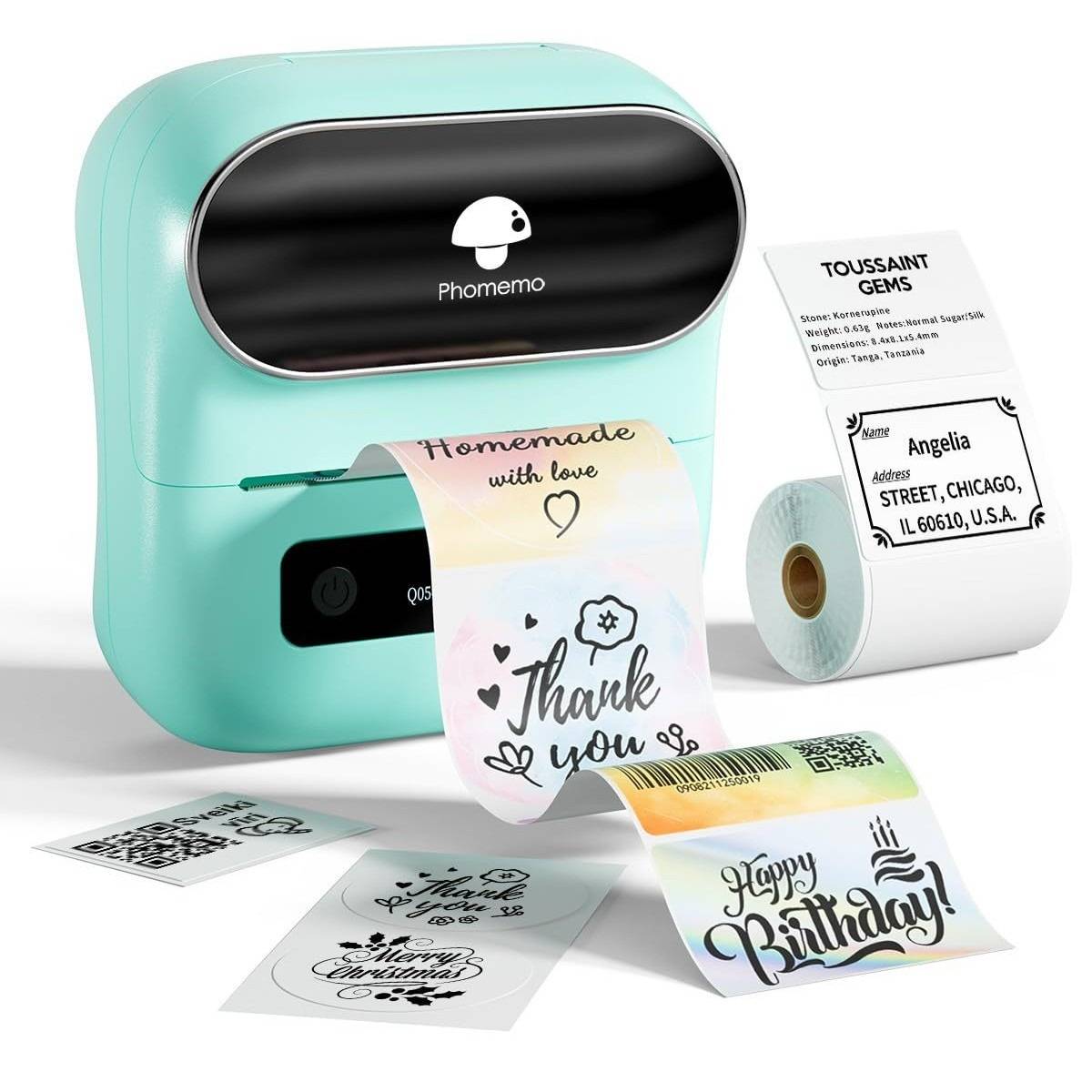 Mint-Etikettendrucker druckt farbenfrohe Aufkleberetikett mit Designs wie „Danke