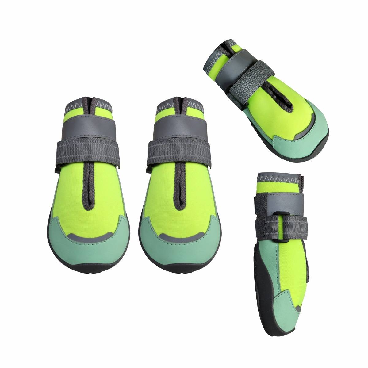 Vier Ansichten eines neongrünen und grauen Schutzstiefel für Hunde mit schwarzem Riemen auf weißem Hintergrund.