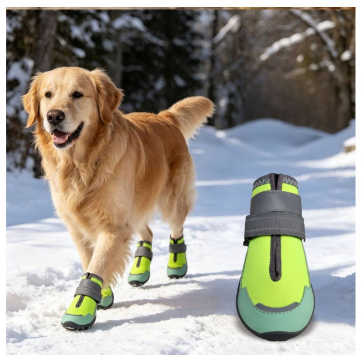 Goldener Retriever mit neogrünen Winterstiefeletten steht im Schnee neben einer Nahaufnahme eines Stiefels, die den Schutz der Tierpfote zeigt.