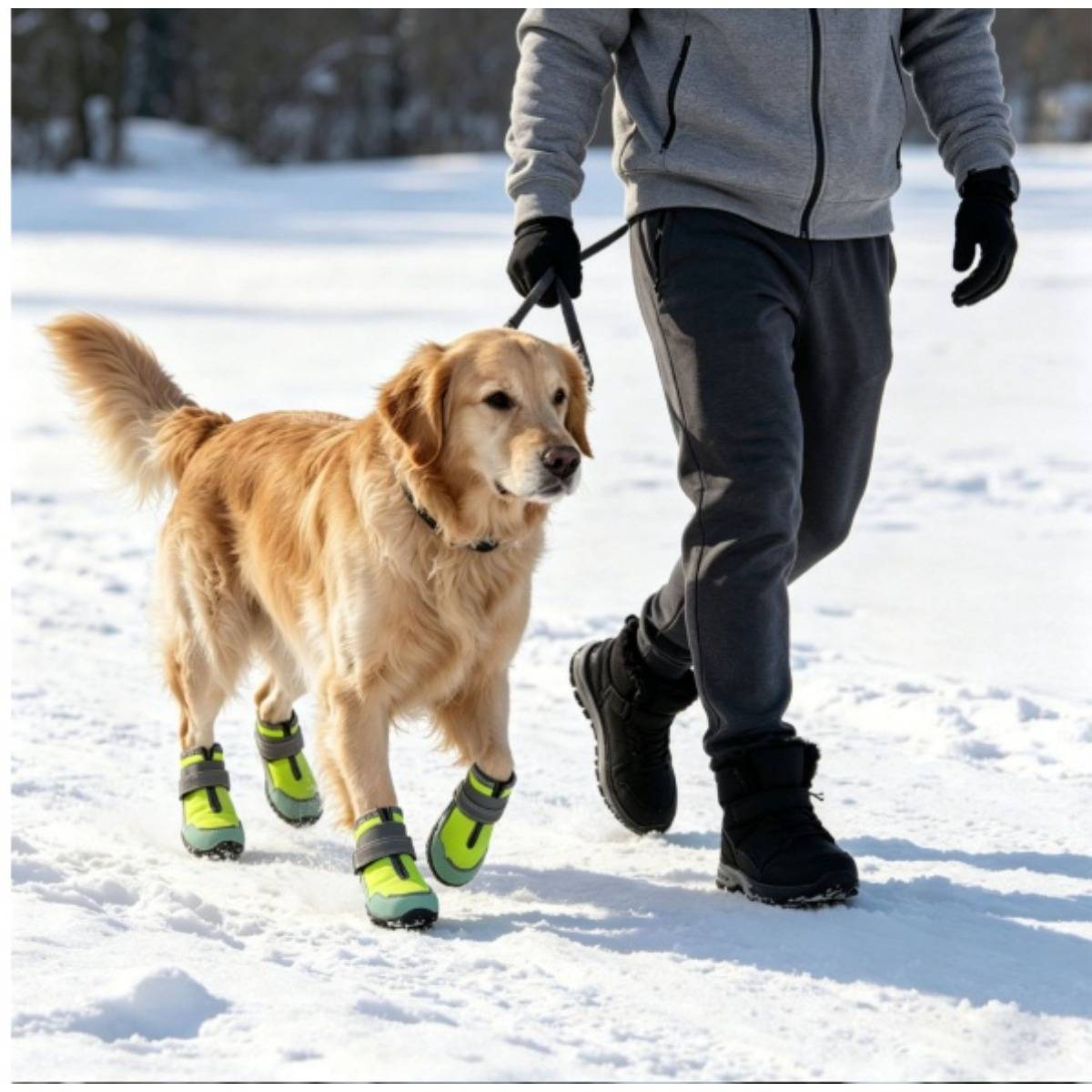 Ein Golden Retriever mit grünen Stiefeln läuft an der Leine neben einer Person auf einem verschneiten Weg im Winter.