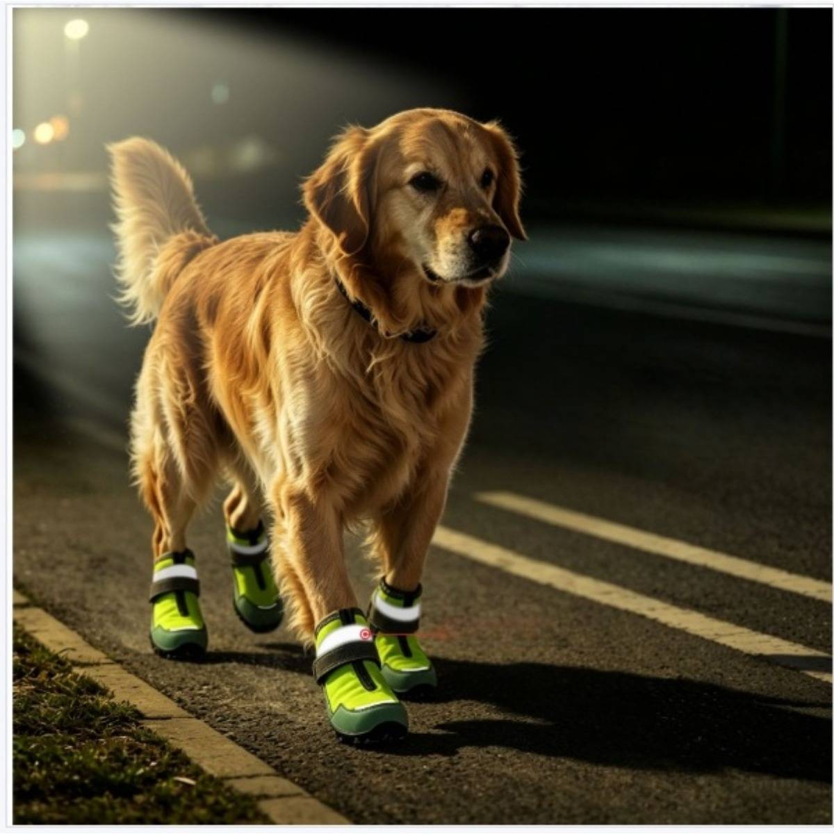 Ein Golden Retriever trägt neonglühende Stiefelchen und steht nachts auf einer schwach beleuchteten Straße.