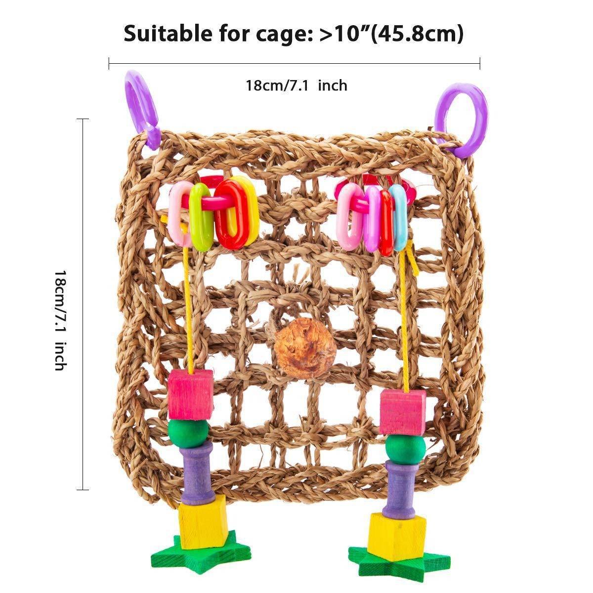 Quadratisches geflochtenes Vogelkäfig-Spielzeug mit zwei hängenden farbenfrohen Perches aus Perlen und Blöcken; gekennzeichnet mit 18 cm x 18 cm und geeignet für Käfige über 10 Zoll breit.