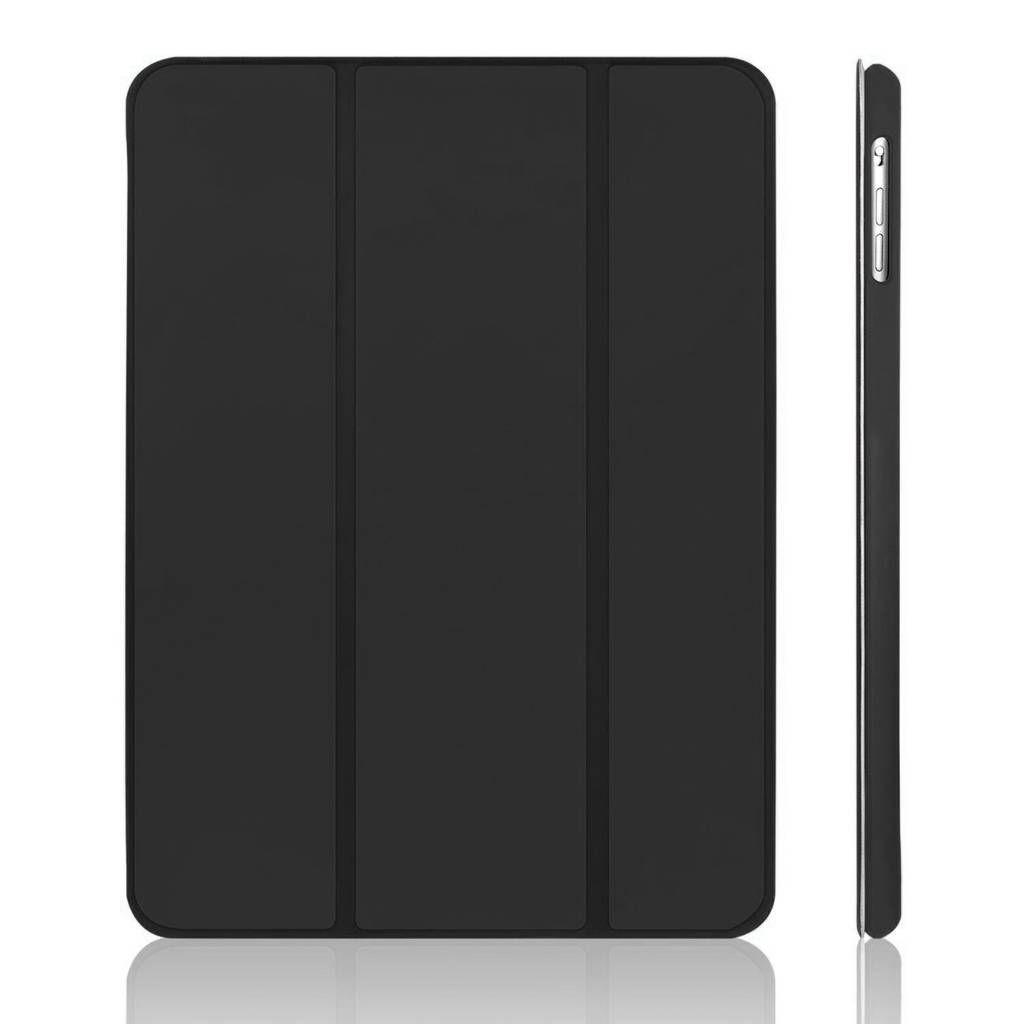 Schwarze Tablet-Schutzhülle mit Vorder- und Seitenansicht, mit dreiteiliger Faltklappe und Seitenschaltflächen-Aussparungen.