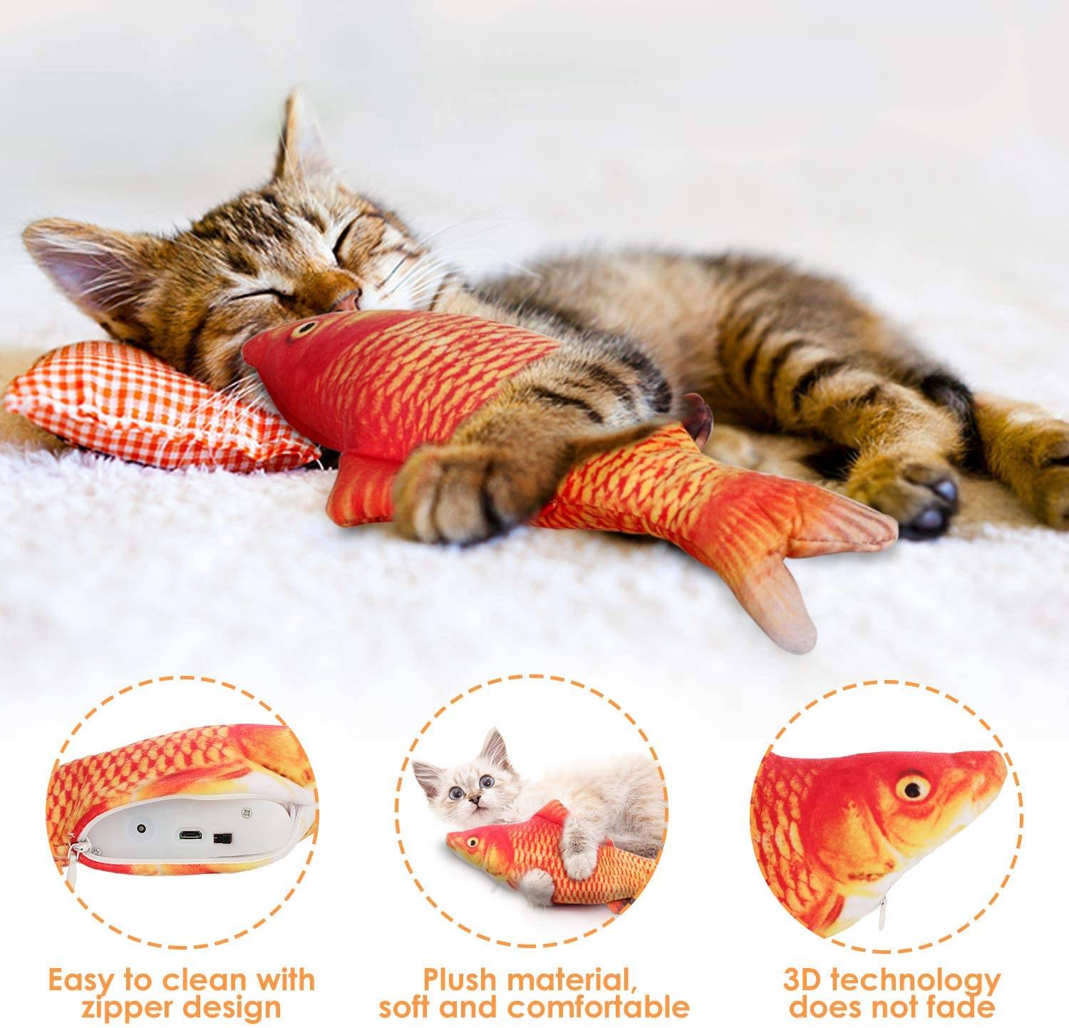 Ein schlafendes getigertetes Kätzchen kuschelt ein rotes fischförmiges Plüschtier; untere Symbole werben für einen leicht zu reinigenden Reißverschluss, weiches Plüschkomfort und 3D-Farbe, die nicht verblasst.