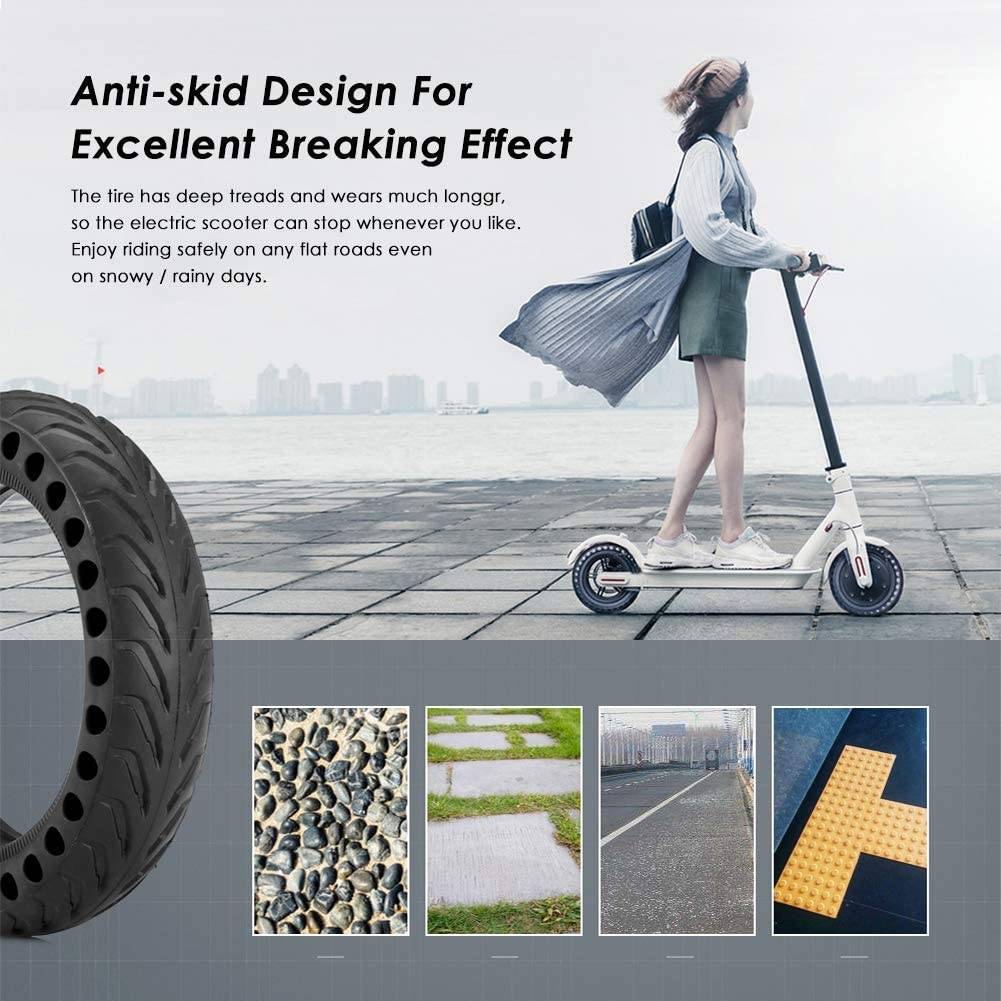 Anzeige für einen Elektroroller mit rutschfestem Reifendesign und starker Bremsleistung, zeigt einen Fahrer und vier Beispiele von Griffoberflächen.