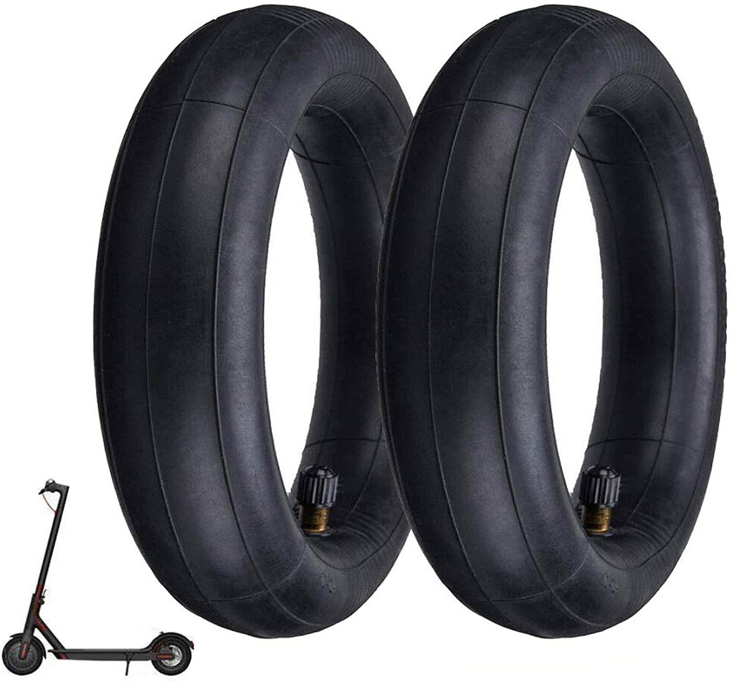 Zwei große schwarze Schläuche für einen Roller, nebeneinander gezeigt mit einem kleinen Roller-Bild oben links eingefügt.