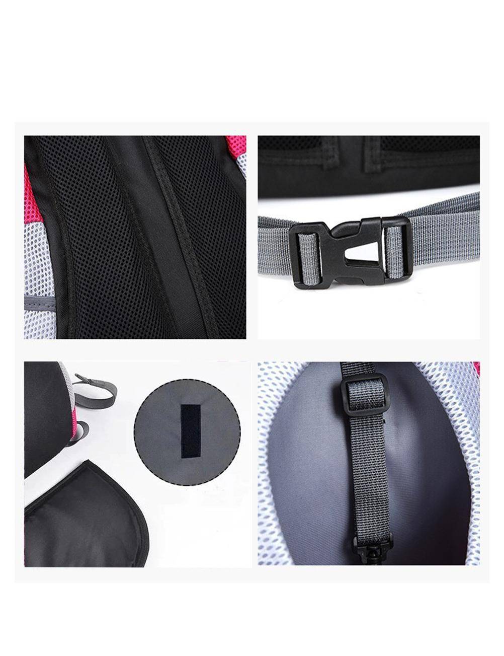 Collage von Nahaufnahmen von Rucksackmerkmalen: Netzpolsterung, verstellbarer Schnalle, Riemenschlaufe und Stofflaschen, die Taschenfertigungsdetails zeigen.