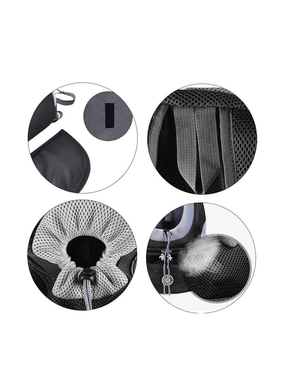 Vier kreisförmige Nahaufnahmen zeigen die Netzpolsterung, Riemen und Taschen eines Rucksacks und heben das atmungsaktive Material und Lagerungsdetails hervor.