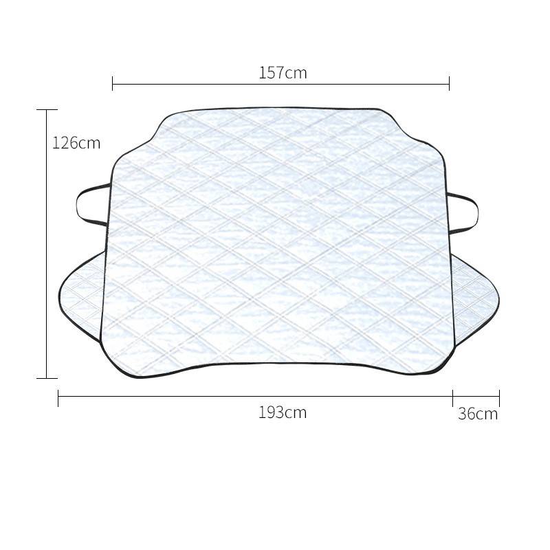Diagramm einer Autositzbezuges mit gekennzeichneten Abmessungen: 157 cm breit, 126 cm hoch und 193 cm Gesamtlänge mit einer 36 cm Erweiterung.