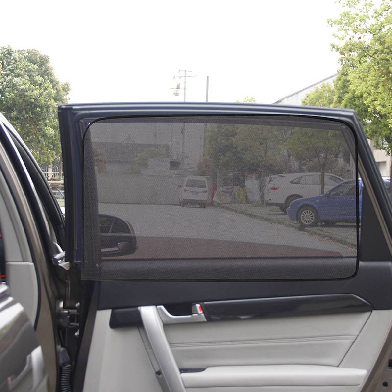 Heckfenster eines Autos mit montiertem Sonnenschutzgitter, von innen bei offener Tür betrachtet.