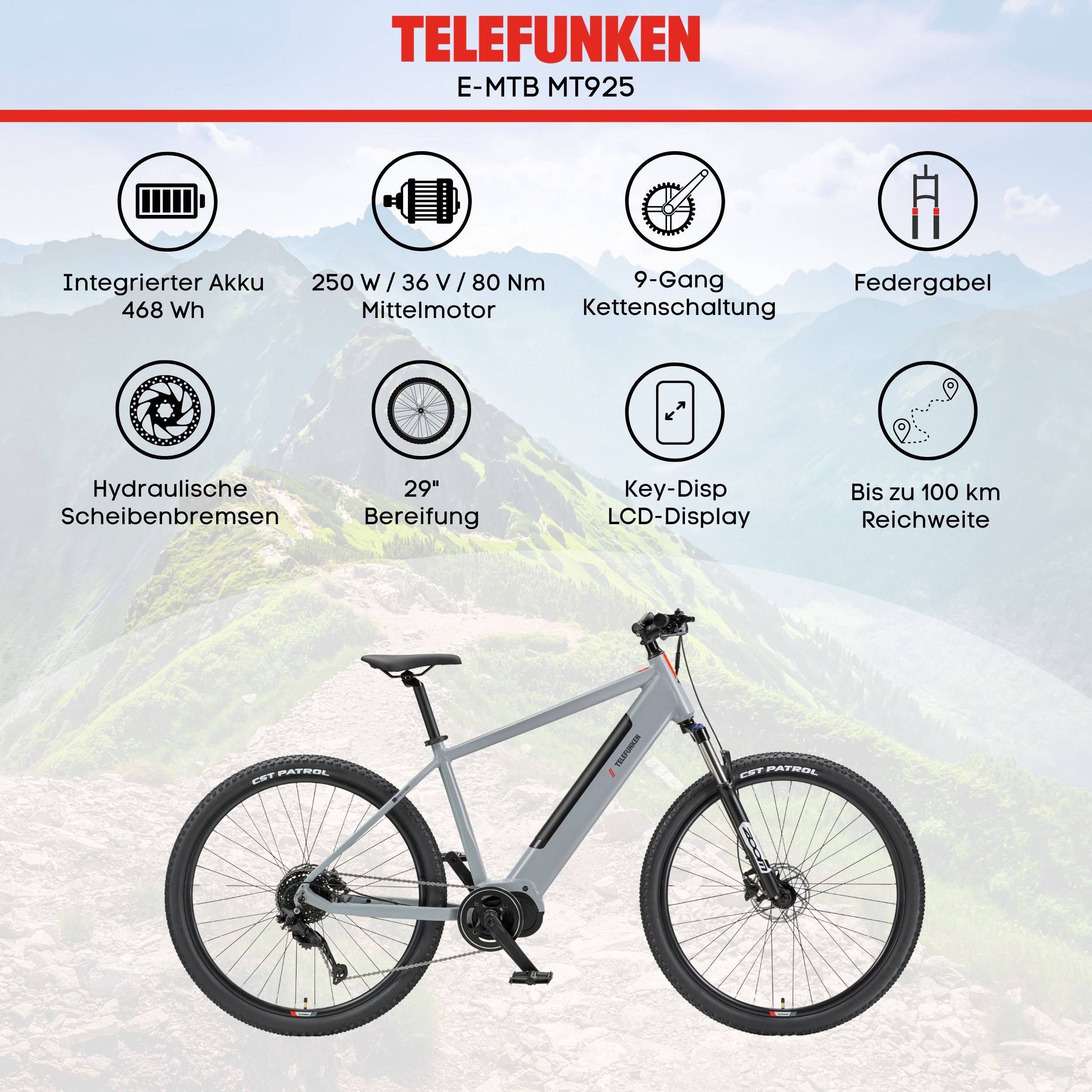 Telefunken E-MTB MT925 Elektro-Mountainbike mit integriertem 468-Wh-Akku, 250-W-Mittelmotor, 9-Gang-Schaltung, Federgabel, hydraulischen Scheibenbremsen, 29-Zoll-Rädern, LCD-Display und einer Reichweite von bis zu 100 km.