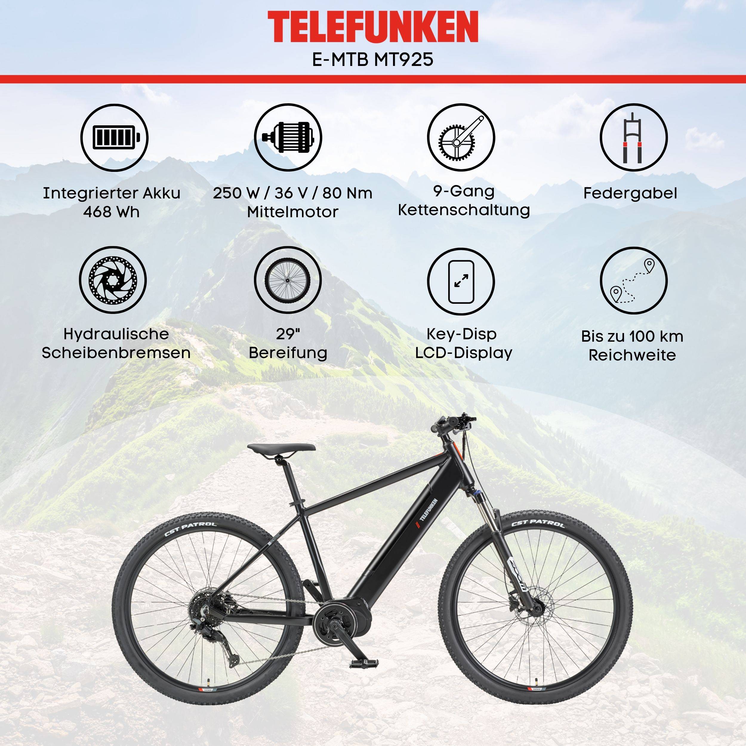 TELEFUNKEN E-MTB MT925 Elektro-Mountainbike mit 468-Wh-Akku, 250-W/36-V/80-Nm-Motor, 9-Gang-Kettenschaltung, Federgabel, Scheibenbremsen, 29-Zoll-Reifen, LCD-Display und einer Reichweite von bis zu 100 km.