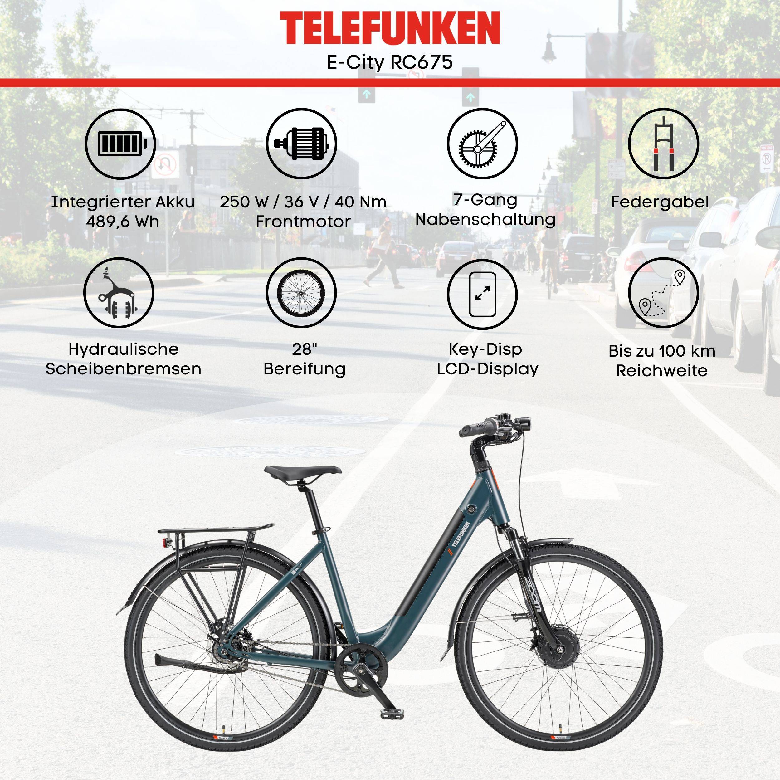 Telefunken E-City RC675 E-Bike mit integriertem 489,6-Wh-Akku, 250-W-Frontmotor, 7-Gang-Schaltung, Scheibenbremsen, 28-Zoll-Reifen, Tasten-Display und bis zu 100 km Reichweite.
