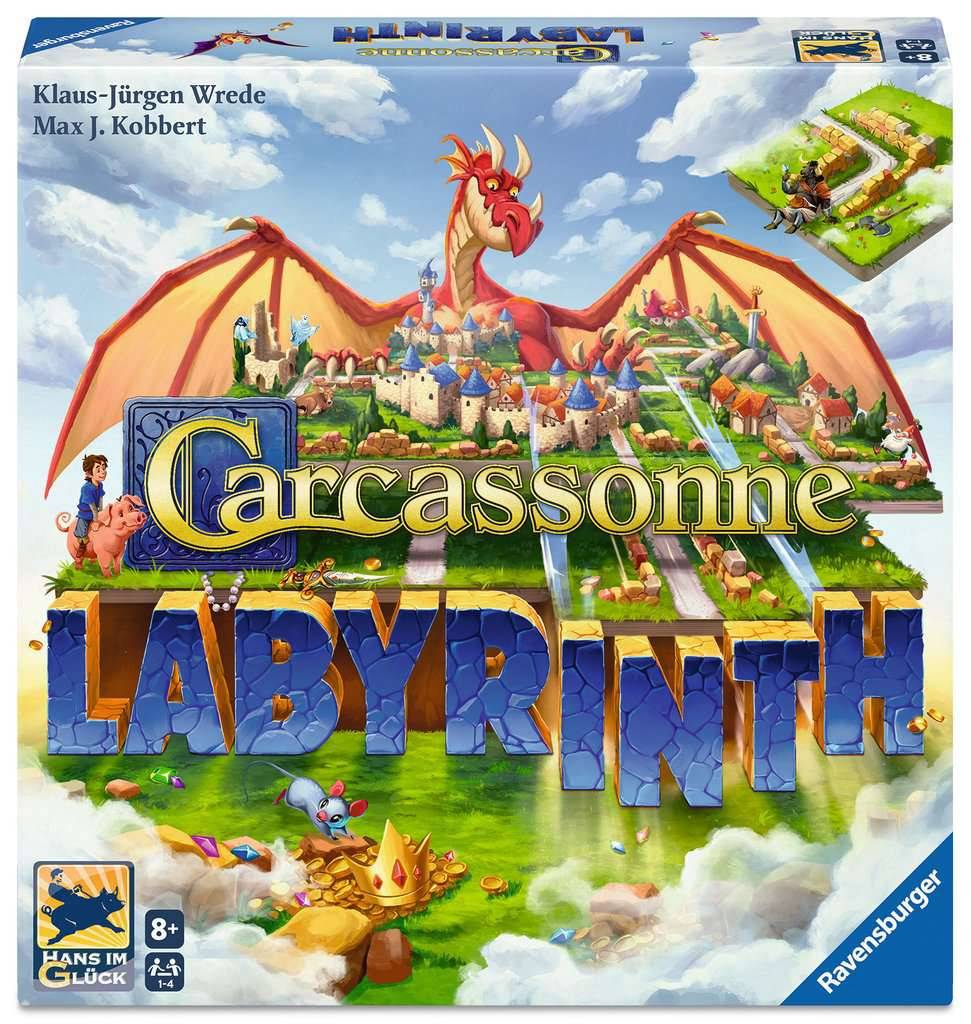 Carcassonne: Labyrinth, ein Fantasy-Brettspielbox-Cover mit einem Drachen über einer Burgstadt und dem Titel „Carcassonne LABYRINTH