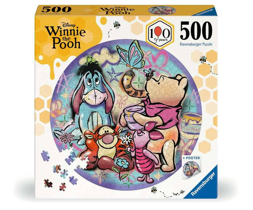 Disney Winnie the Pooh 500-teiliges Ravensburger-Puzzle mit Winnie Pooh und Eeyore in einer farbenfrohen illustrierten Szene mit einem 100-Jahre-Logo.