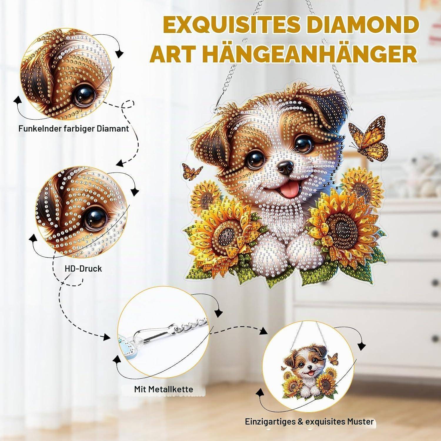 Werbeanzeige für einen Diamant-Kunstanhänger zum Aufhängen mit einem Welpen, umgeben von Sonnenblumen und Schmetterlingen, mit nahaufnahmen Details und einer Metallkette.