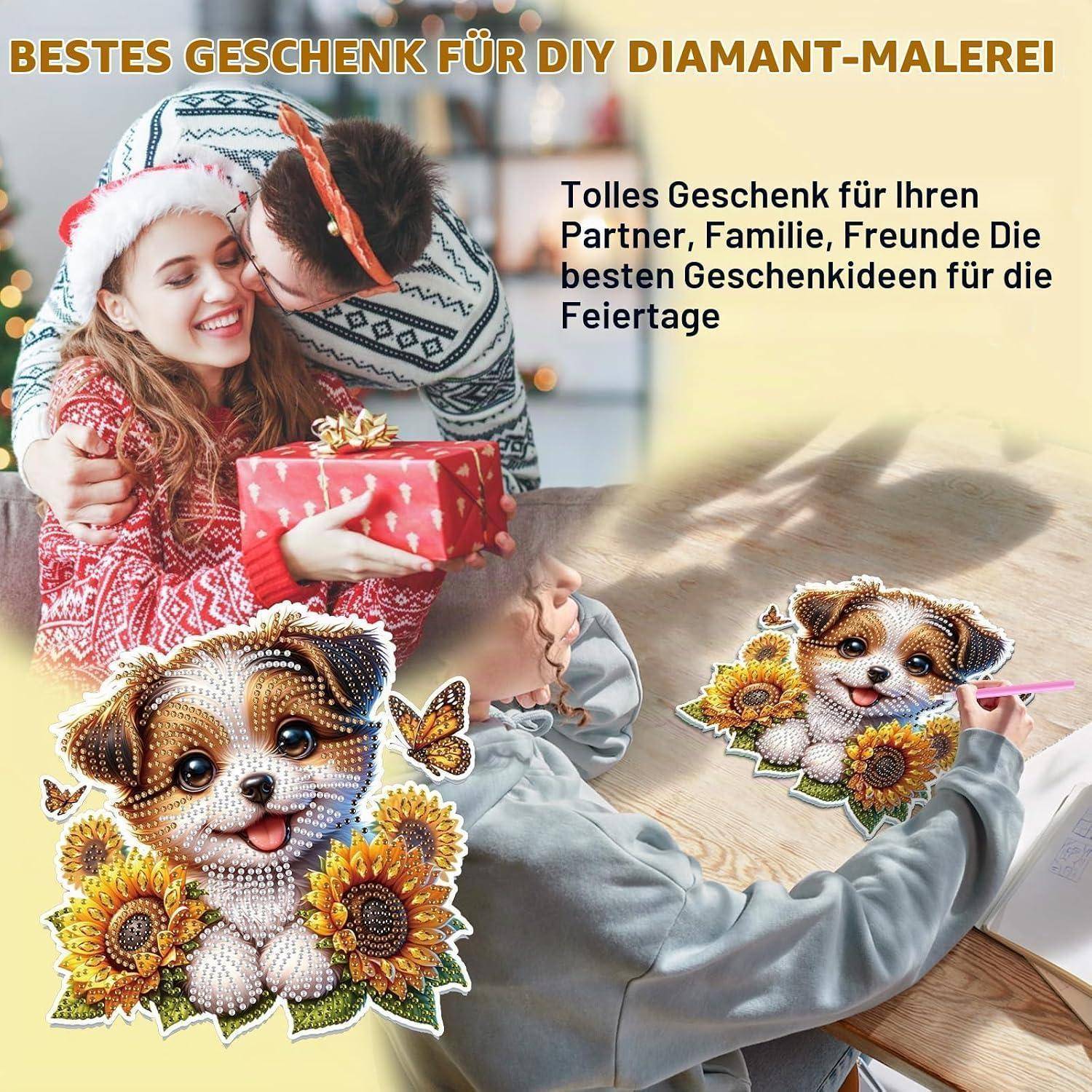 Lxmsja 5D Diamond Painting Anhänger Hund, Sonnenblume Diamond Painting Fensterbilder Beidseitig für Erwachsene Kinder, Bastelset Kreativ Set, Hänge