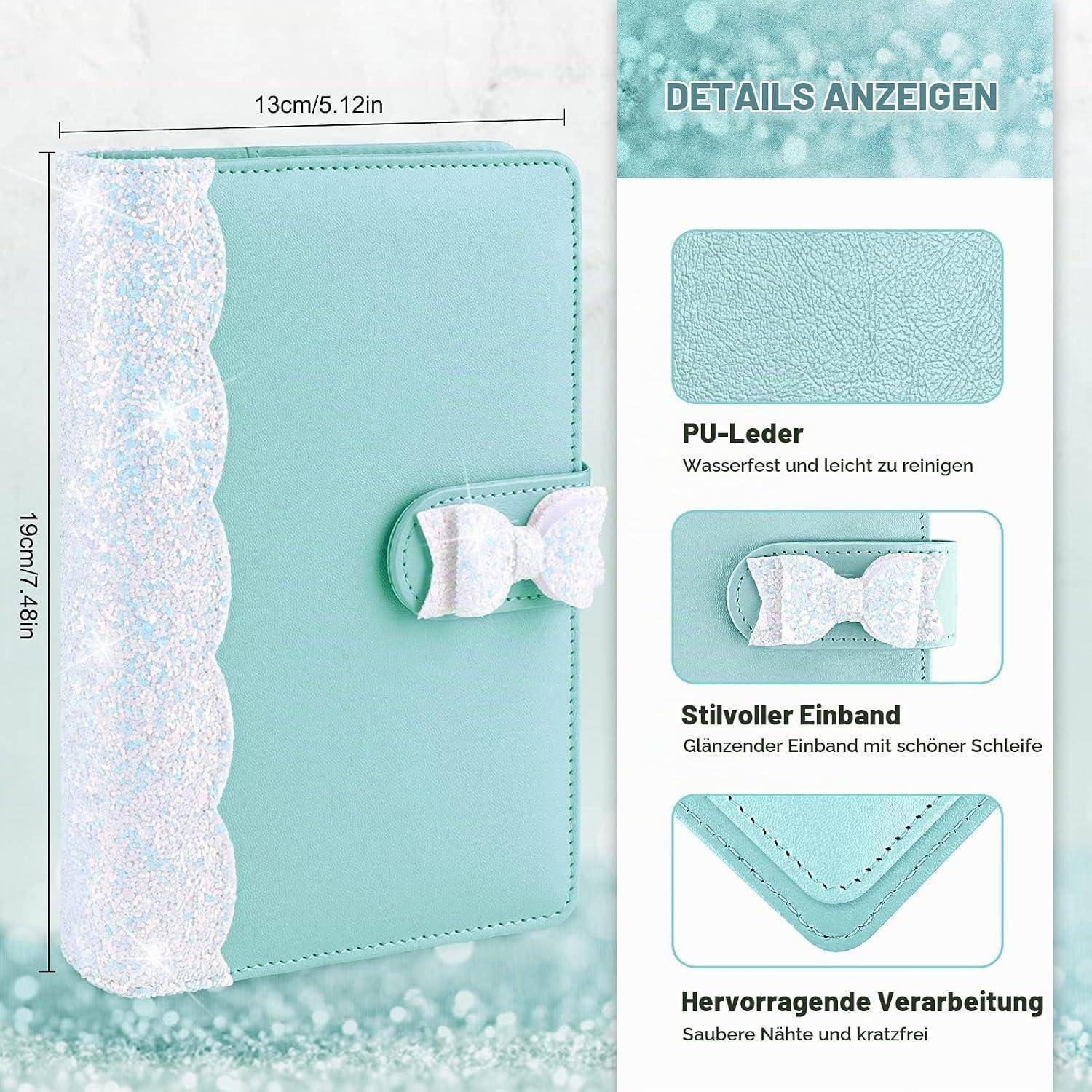 Mintfarbener Kunstledernotizbucheinband mit glitzerndem weißem Muschelsaum und Schleife, gezeigt mit Details und Abmessungen 13 cm x 19 cm.