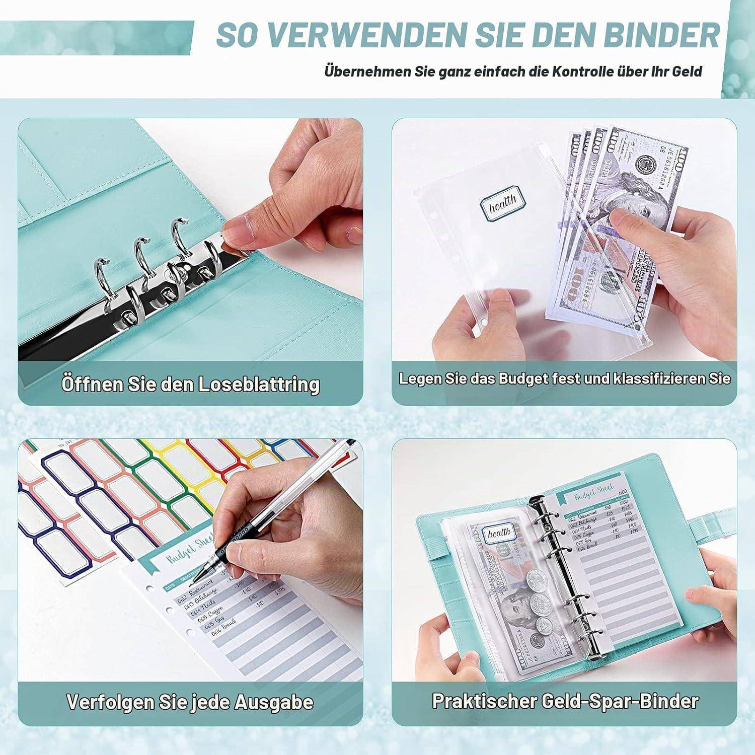 Vier-Felder-Anleitung zum Gebrauch eines Budget-Ordners: Den Ringordner öffnen, Bargeld in Budgetkategorien sortieren, Ausgaben nachverfolgen und den Ordner zum Sparen von Geld verwenden.