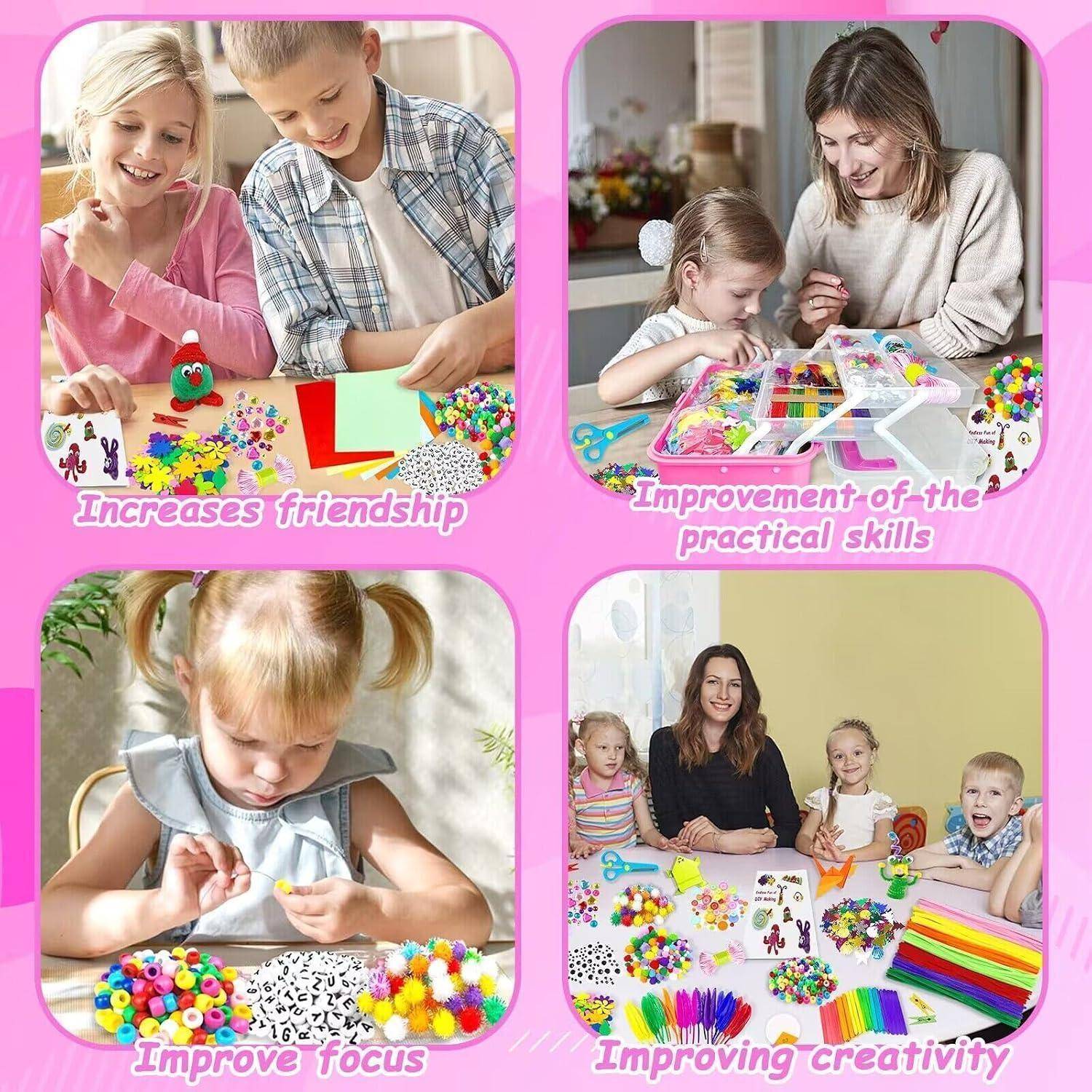 Collage von Kindern, die mit Erwachsenen Basteln machen, mit den Bezeichnungen „Erhöht die Freundschaft", „Verbesserung der praktischen Fähigkeiten"", „Verbessert den Fokus"" und „Verbesserung der Kreativität"".
