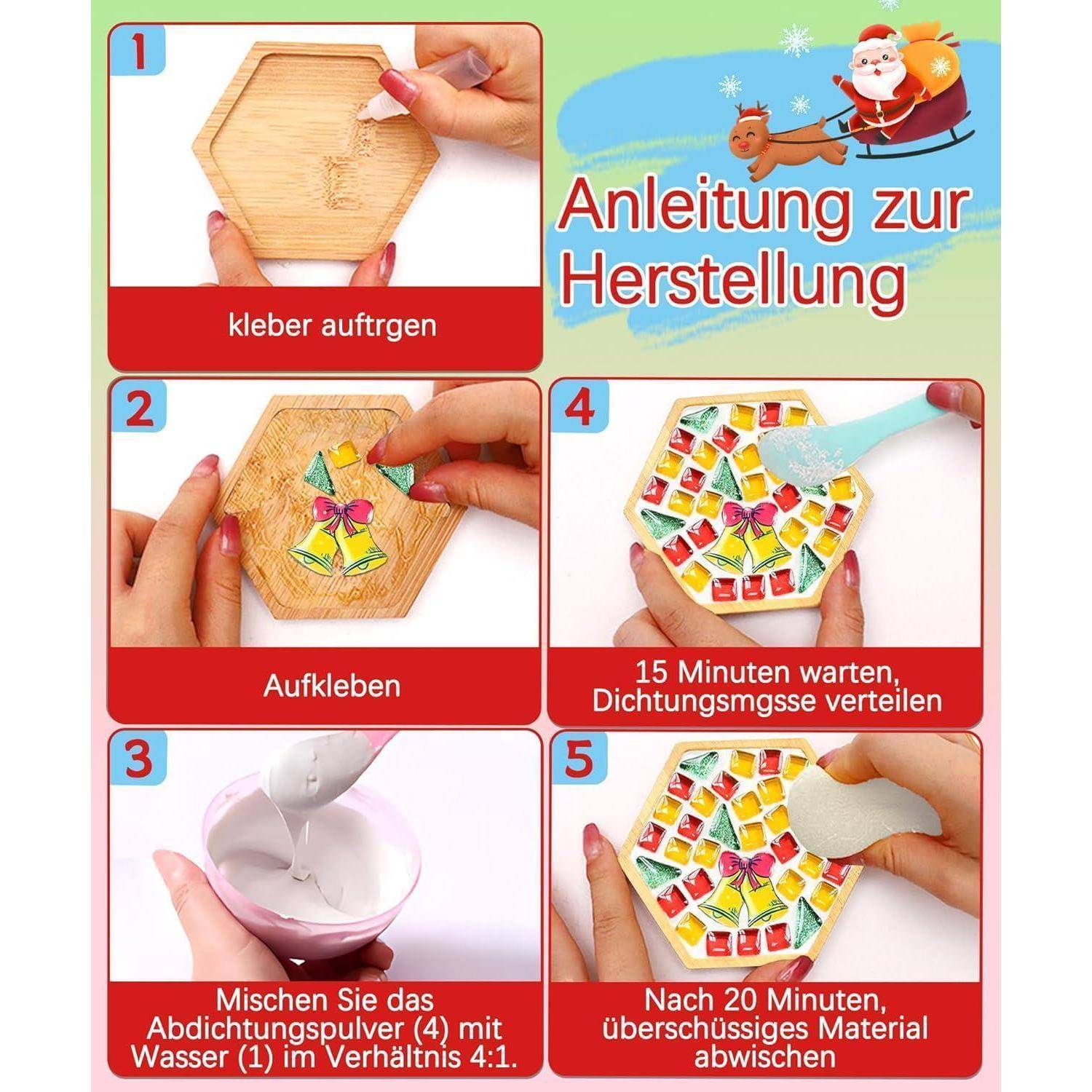 Finsink Mosaik bastelset kinder 4pcs Weihnachten Mosaik Untersetzer Bastelset DIY Holz Untersetzer Set Mosaiksteine zum basteln set