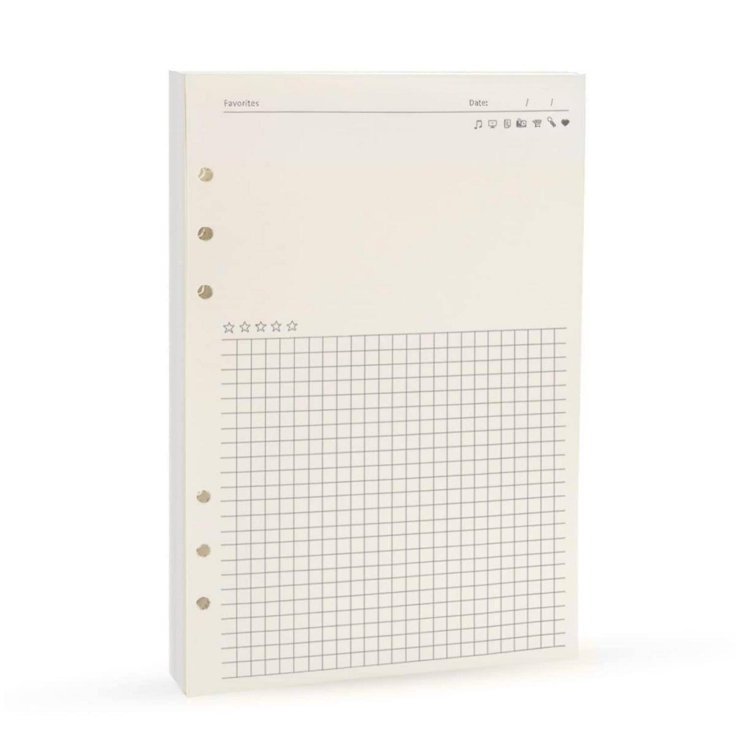 Weiße Nachfüllseite für Notizbuch mit Drei-Loch-Lochung, leerer Kopfzeile und großem quadratischem Gitterbereich zum Planen oder Notieren.