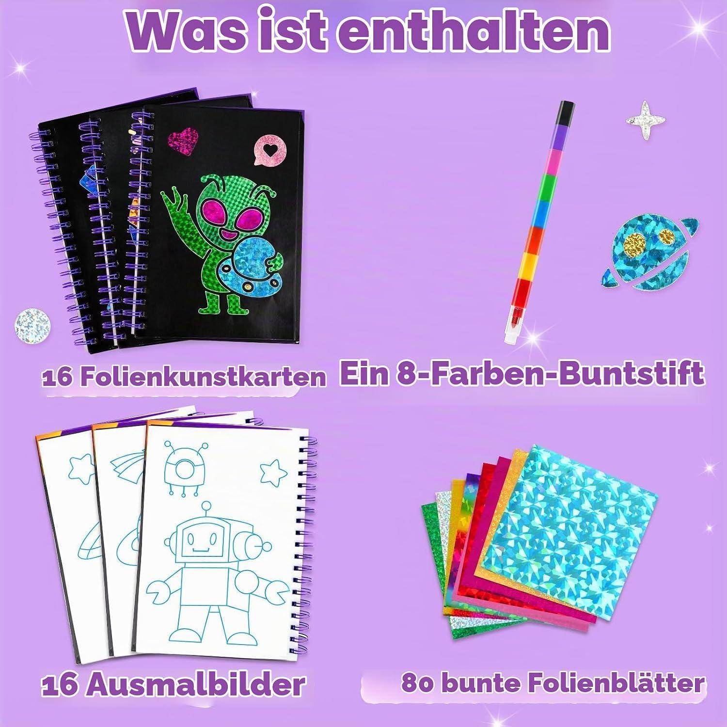 Werbegrafik, die den Inhalt eines Kindermalsets zeigt: 16 Folienkunstkarten, 16 Ausmalbilder, 80 farbige Folienblätter und einen Stift mit 8 Farben.