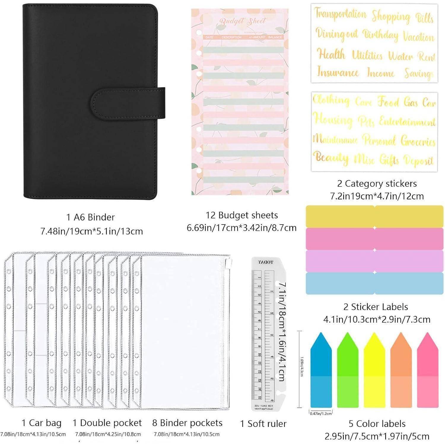 Produktset für ein schwarzes A6-Ordner mit Budgetblättern, Kategorie- und Aufkleberetikett, Autotasche, Taschenunterteilern und weichem Lineal, mit angegebenen Größen.