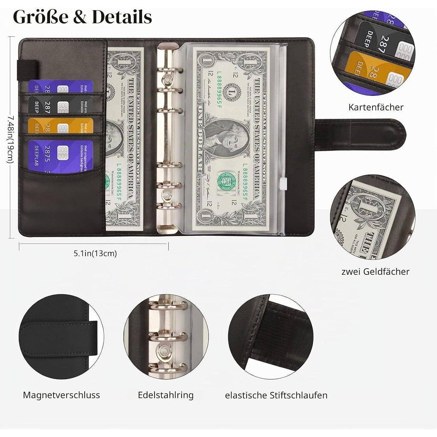 Offenes schwarzes Portemonnaie mit Größenangaben, Kartenfächern, zwei Geldtaschen, magnetischem Verschluss, Edelstahlringen und elastischen Stiftschlaufen; auf Deutsch beschriftet.