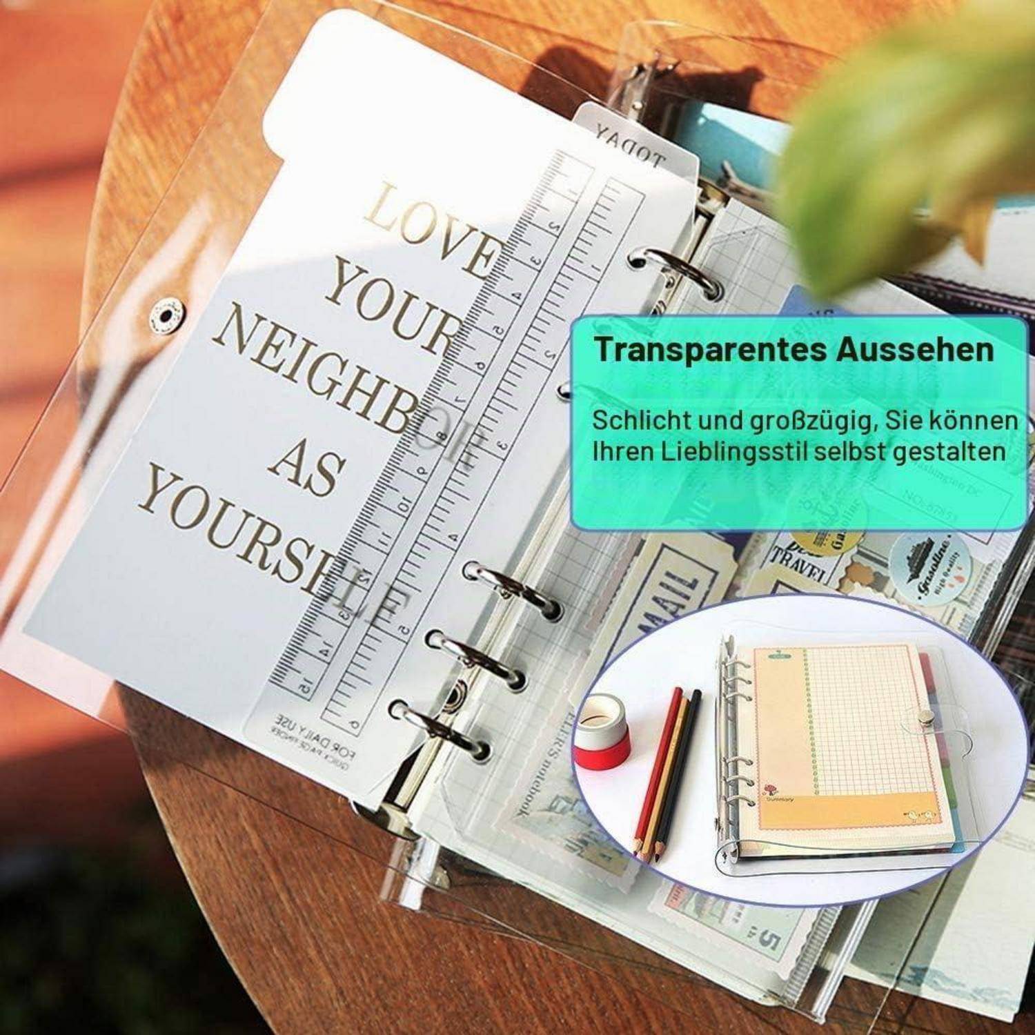 Transparentes Planerheft mit durchsichtigem Umschlag, Lineal-Lesezeichen und Einlagen; Text sagt „Transparentes Aussehen