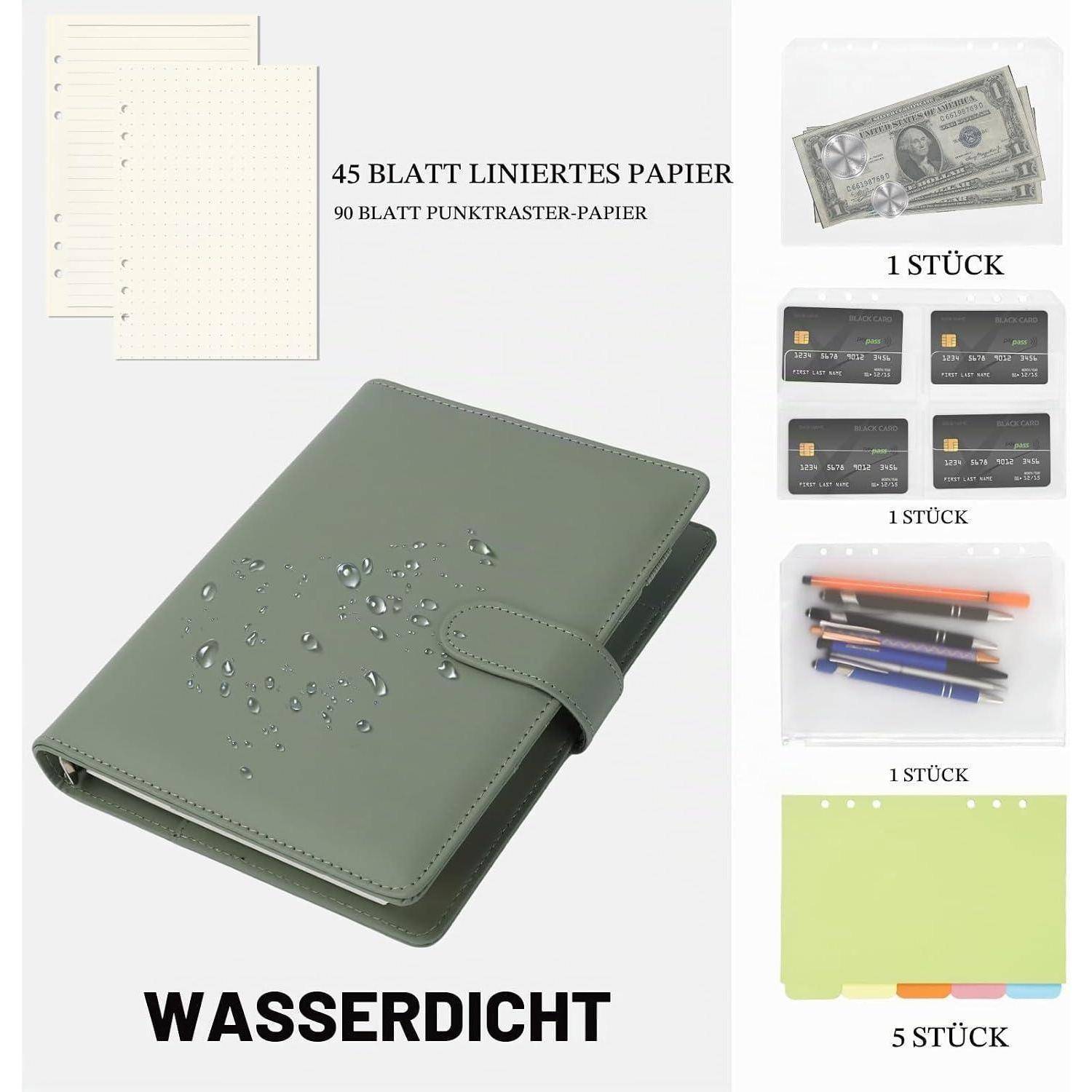 Wasserdichtes grünes Bindertagebuch mit Gummizug, gezeigt mit linierten und gepunkteten Nachfüllpackungen, Bargeld, Karten, Stiften und 5 farbigen Trennblättern; 'WASSERDICHT