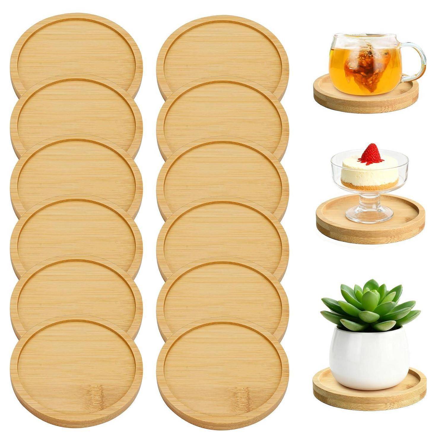Satz runder Bamboo-Untersetzer, einschließlich zwei Stapel von je sechs und Beispiele, die eine Teetasse, ein Dessert und eine Topfpflanze halten.