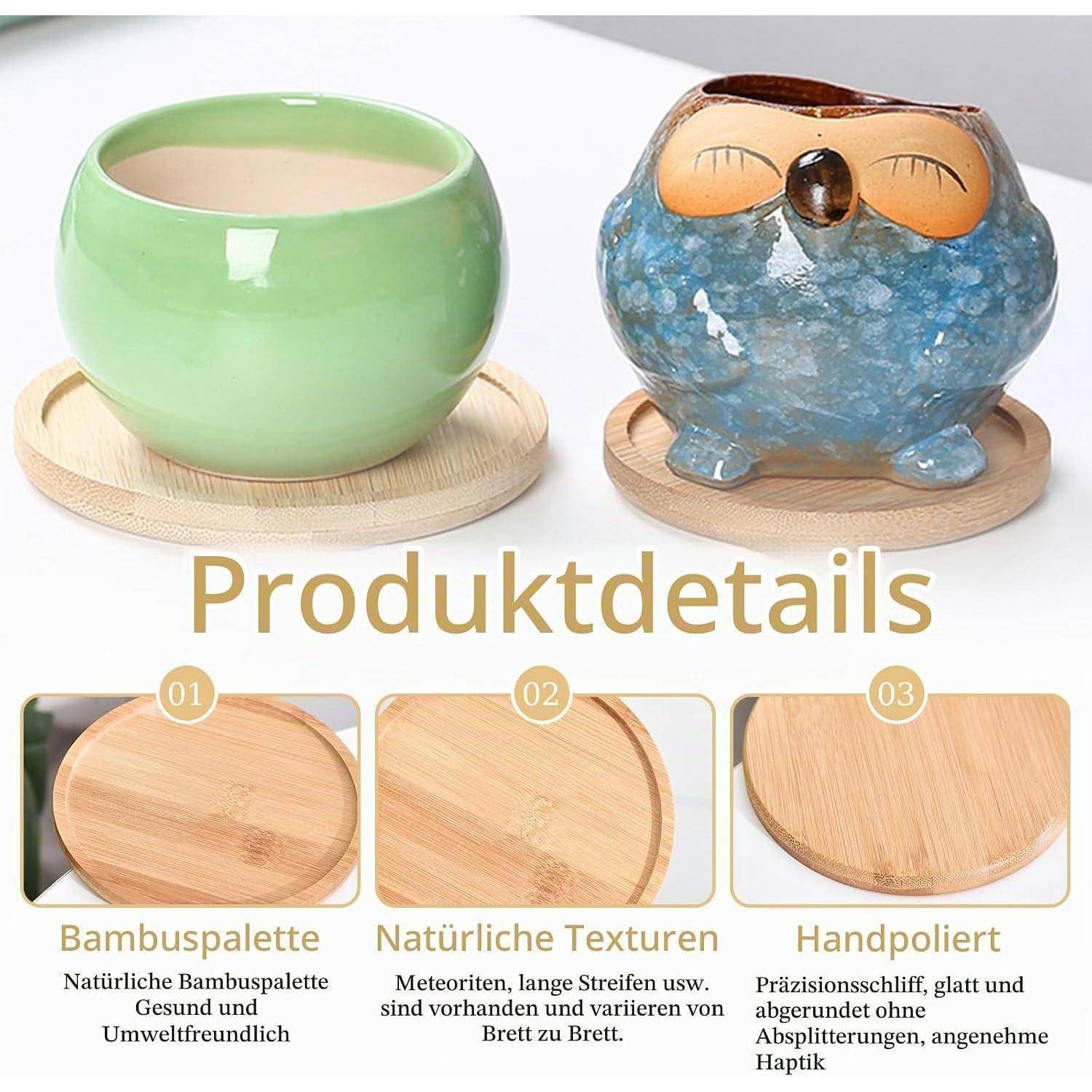 Produktdetailbild mit zwei Keramikschalen auf Bambusuntersetzern und drei Funktionsbereichen mit den Bezeichnungen „Bambuspallette