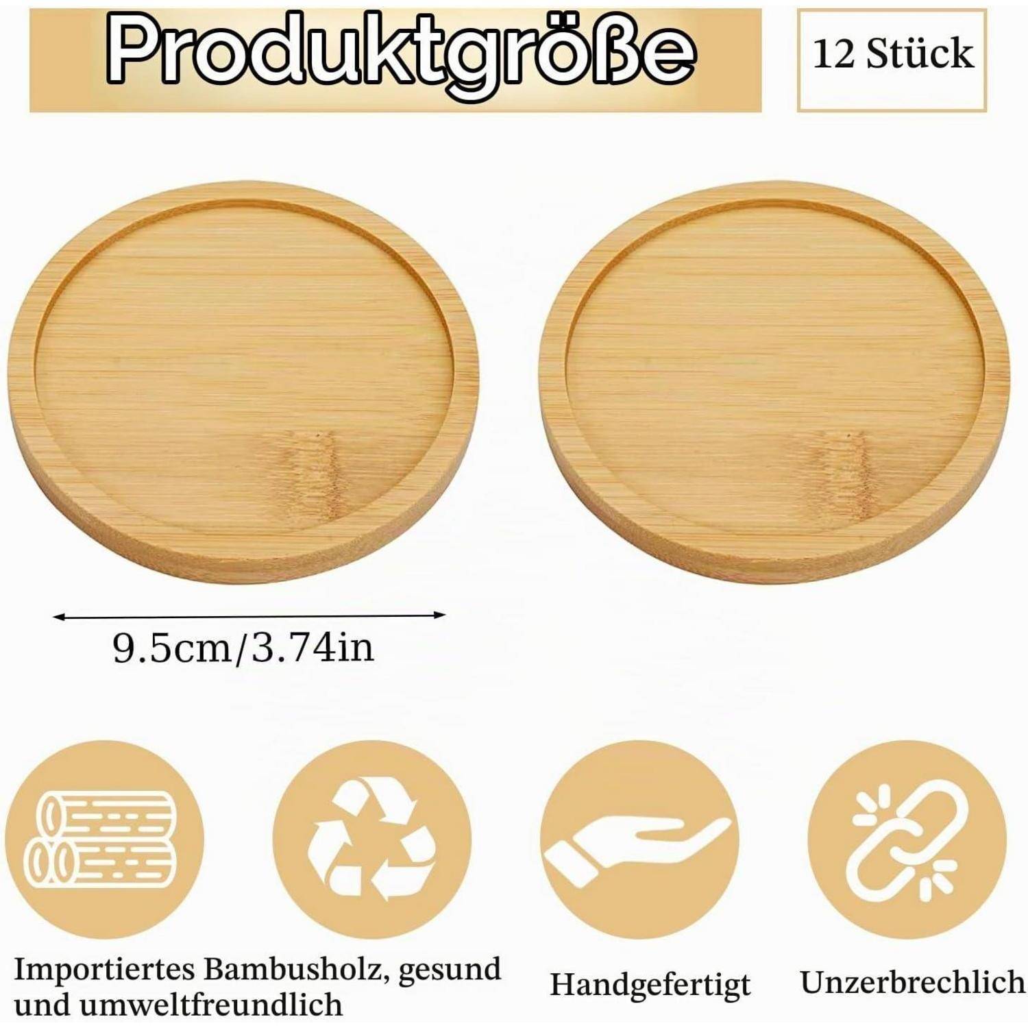 Produktgrößen-Grafik für 12 runde Bambusbehälter, zeigt einen Durchmesser von 9,5 cm (3,74 Zoll) und Symbole für umweltfreundlich, handgefertigt und bruchsicher.