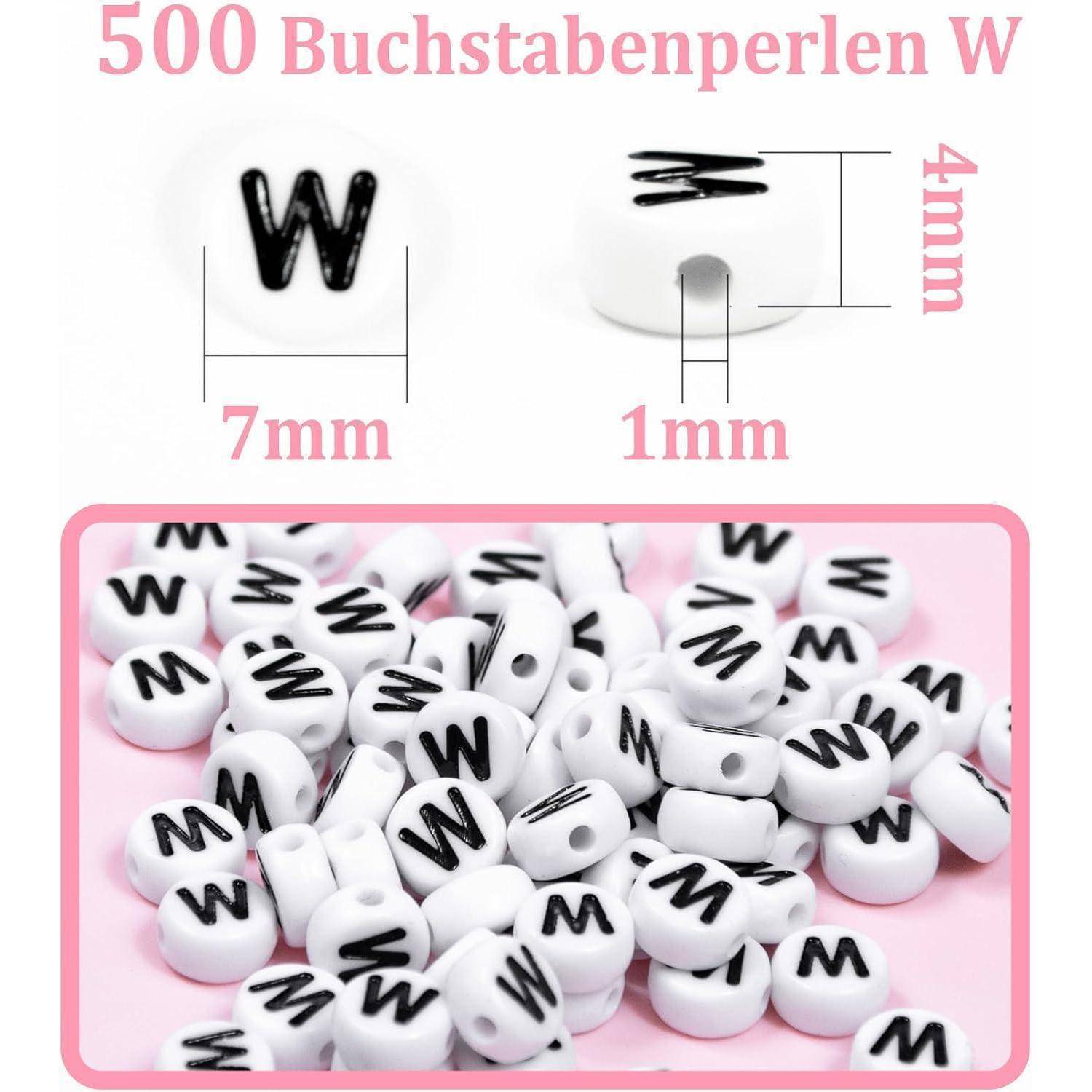 Bildzeigt '500 Buchstabenperlen W' mit schwarzen W-Perlen; eine Perle ist 7 mm breit und 4 mm hoch, Loch 1 mm, plus ein Haufen weißer W-Perlen.